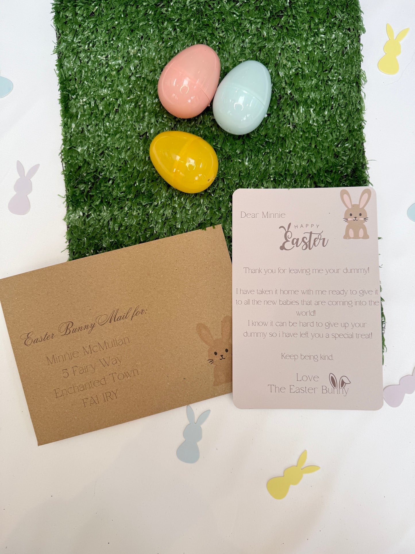Personalised letter from The Easter Bunny thanking the child for the dummy