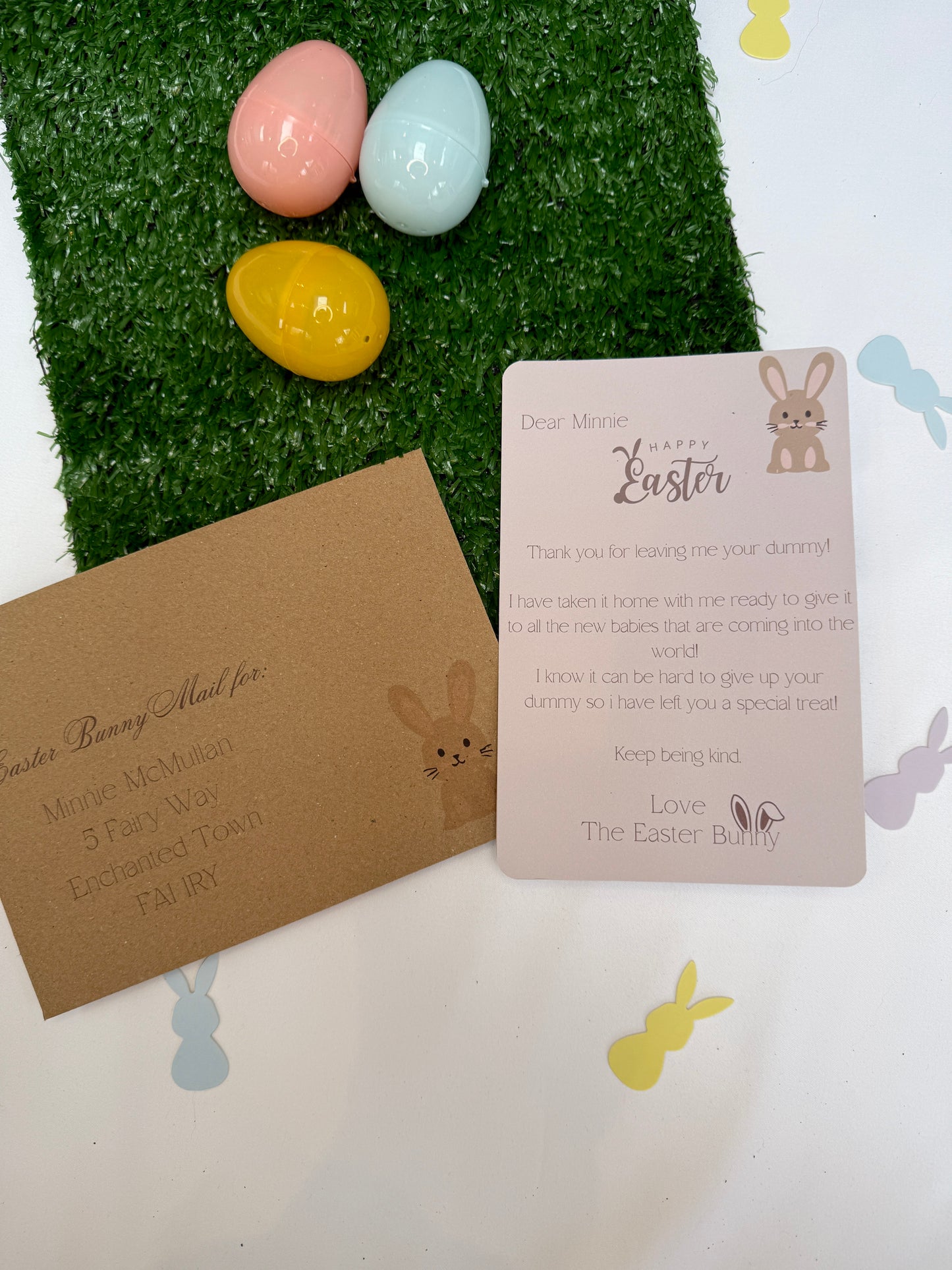 Personalised letter from The Easter Bunny thanking the child for the dummy