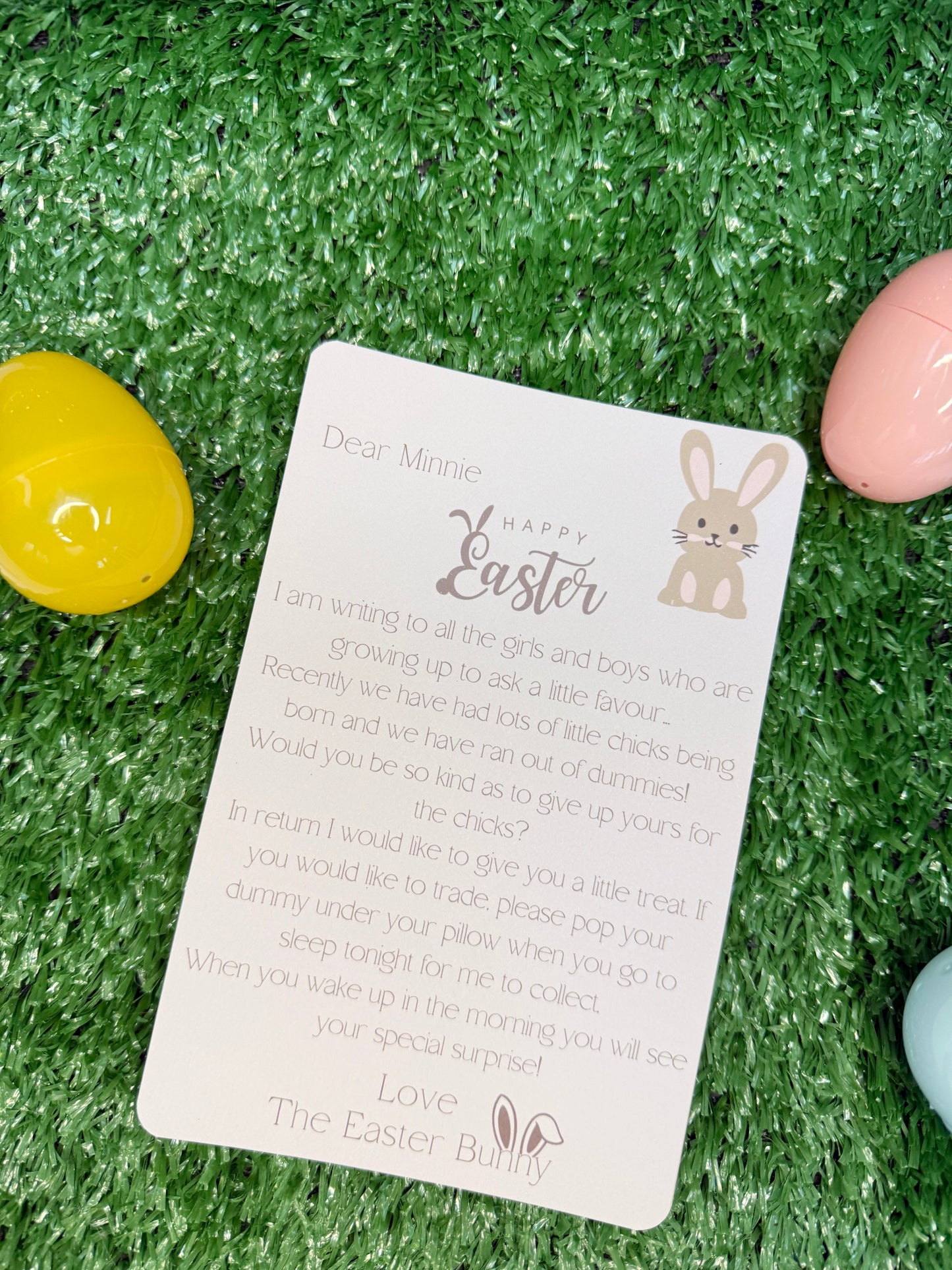 Personalised letter from The Easter Bunny thanking the child for the dummy