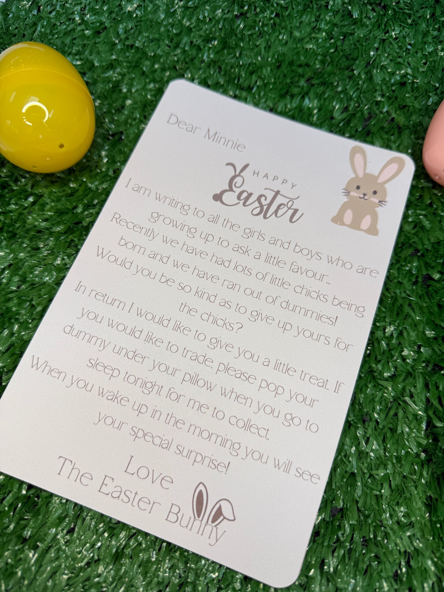 Personalised letter from The Easter Bunny asking the child to give up the dummy.