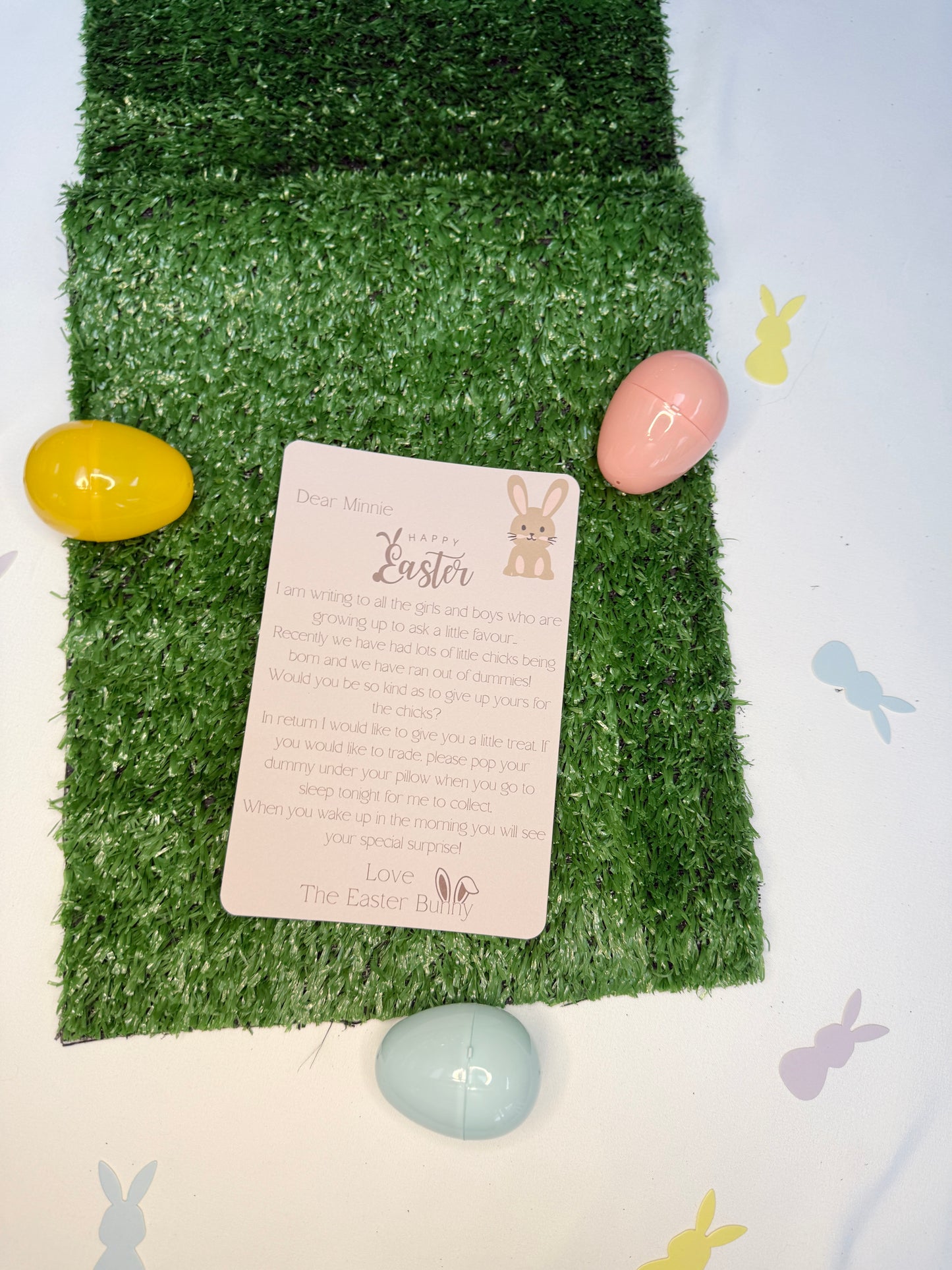 Personalised letter from The Easter Bunny asking the child to give up the dummy.
