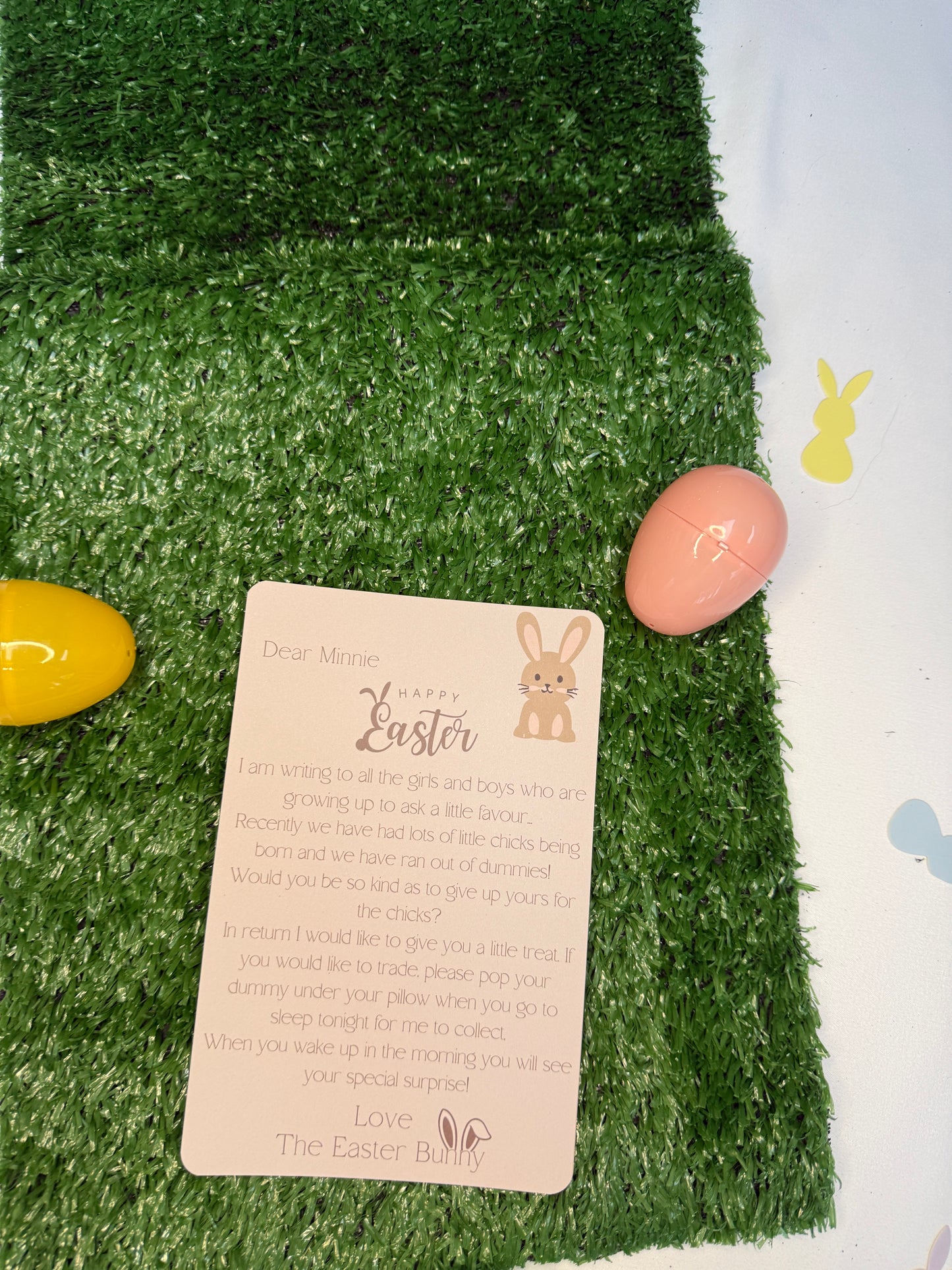 Personalised letter from The Easter Bunny asking the child to give up the dummy.