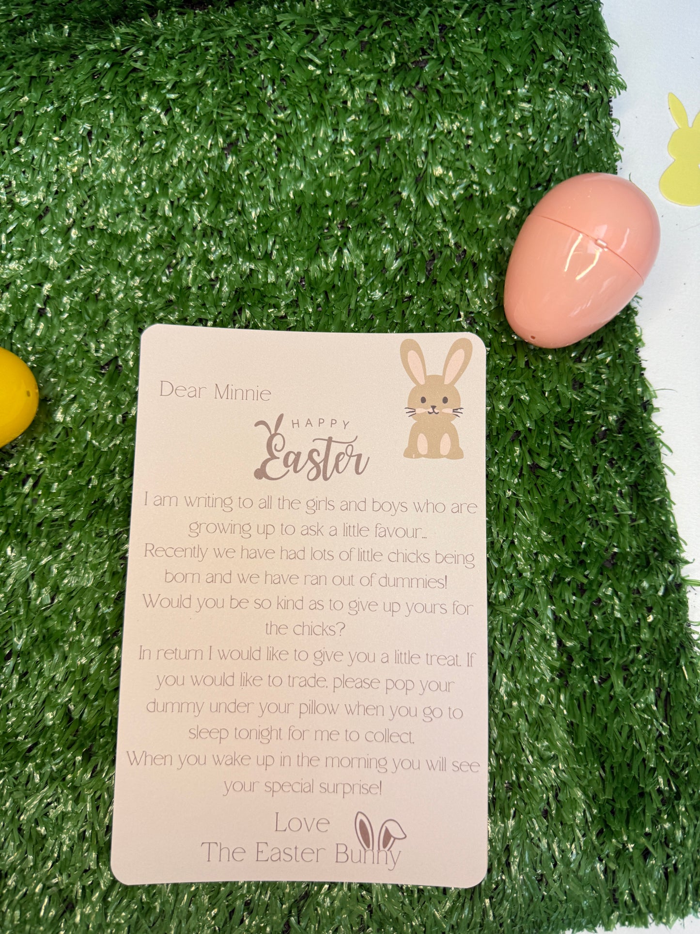Personalised letter from The Easter Bunny asking the child to give up the dummy.