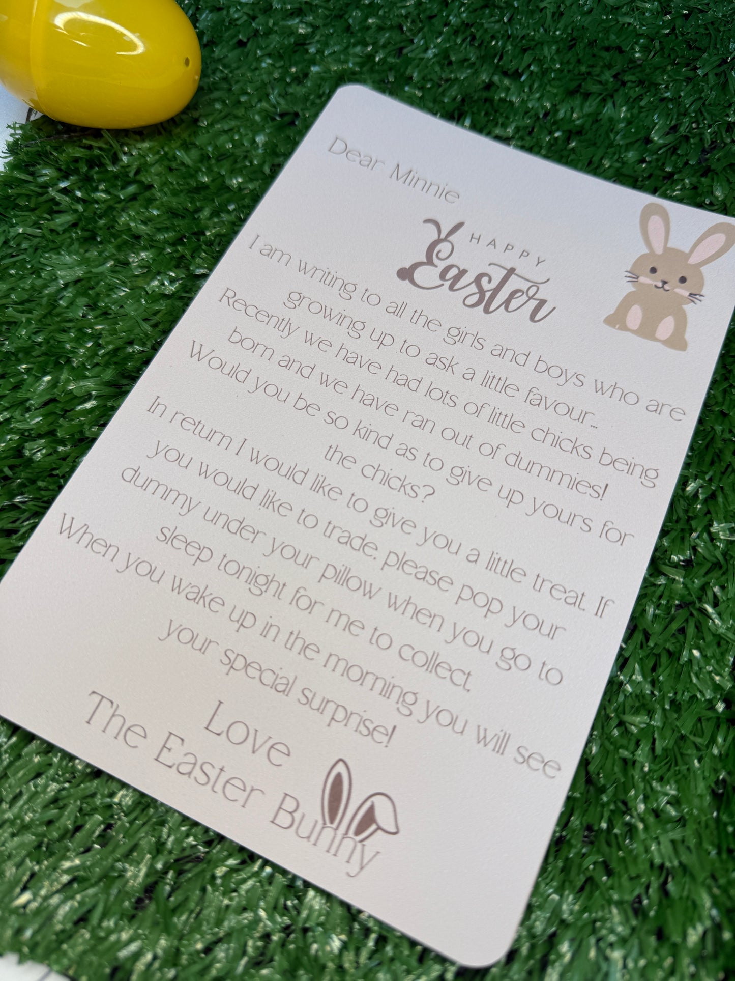 Personalised letter from The Easter Bunny asking the child to give up the dummy.