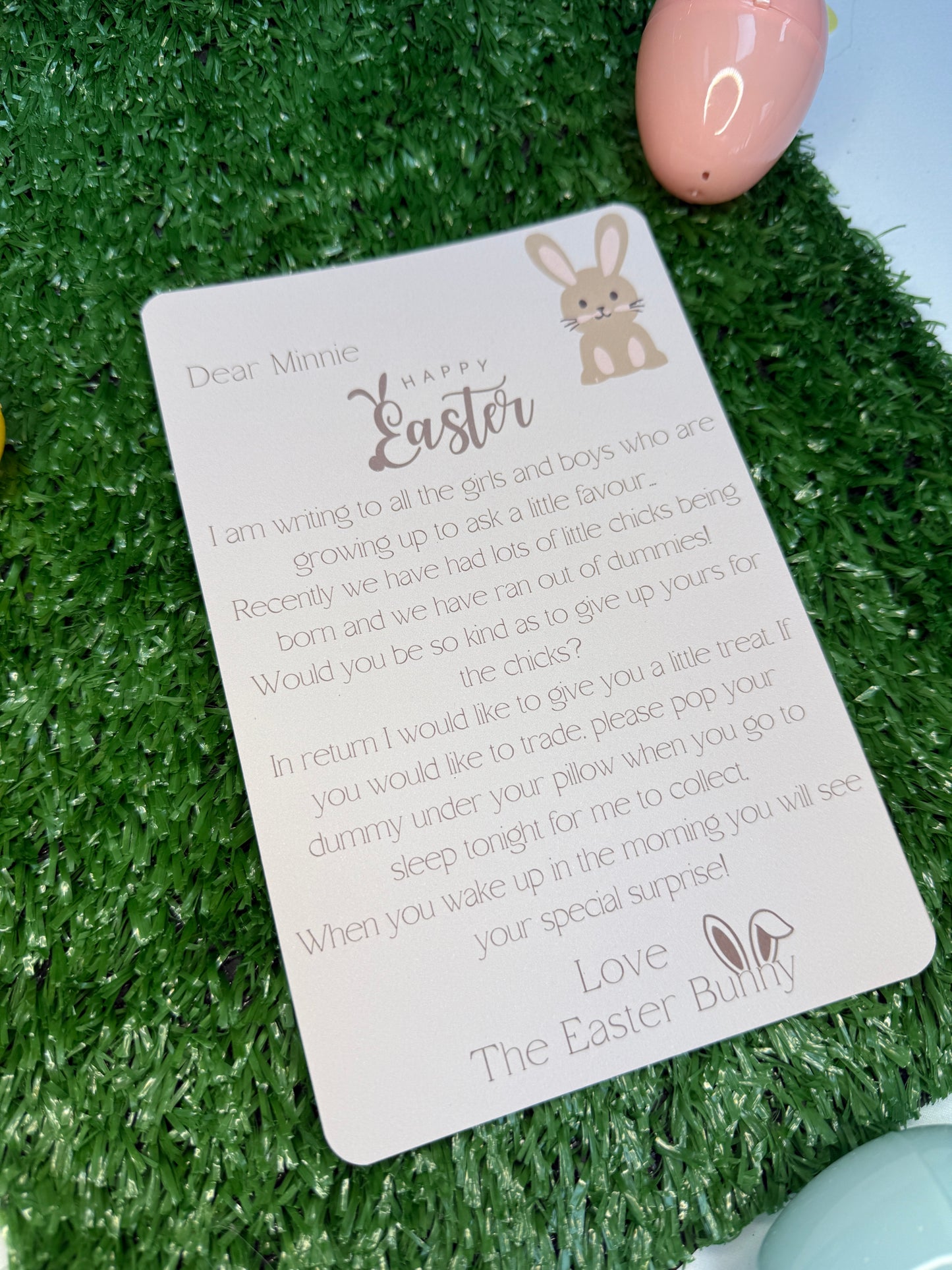 Personalised letter from The Easter Bunny asking the child to give up the dummy.