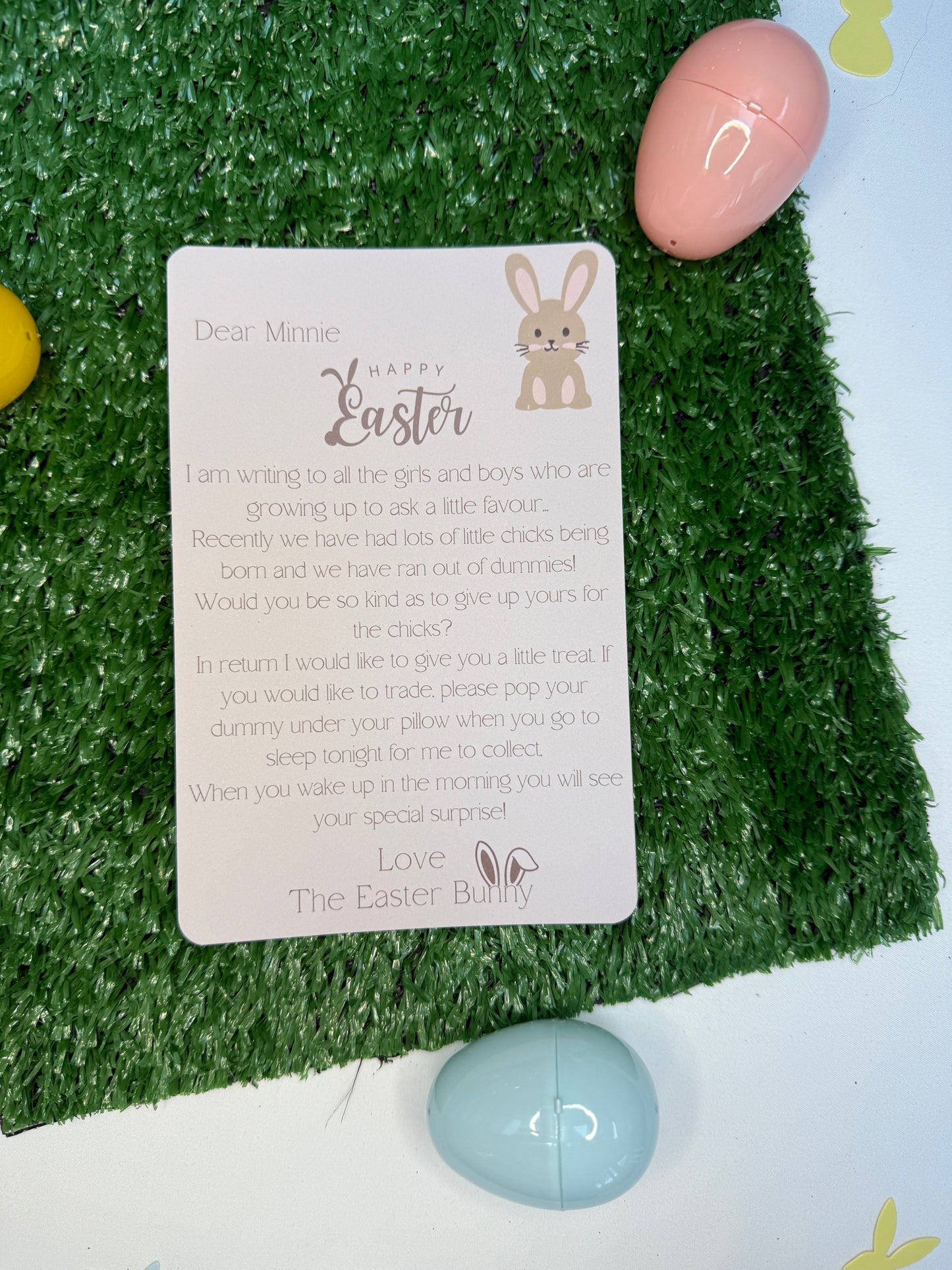 Personalised letter from The Easter Bunny asking the child to give up the dummy.