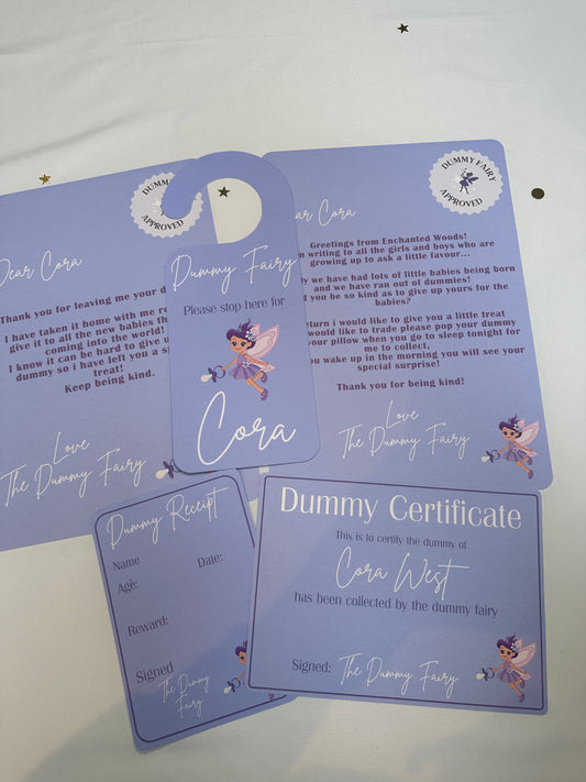 Purple Dummy Fairy Bundle, Includes Certificate, A4 Letter, Receipt for Dummy and Door Hanger.