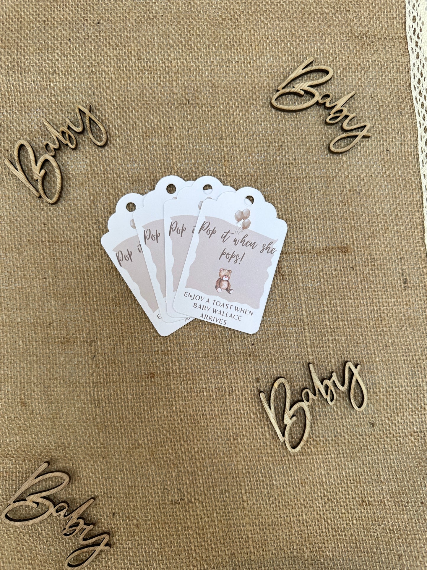 Teddy Bear 'Pop It When She Pops' Personalised Bottle & Gift Tags- Pack of 10