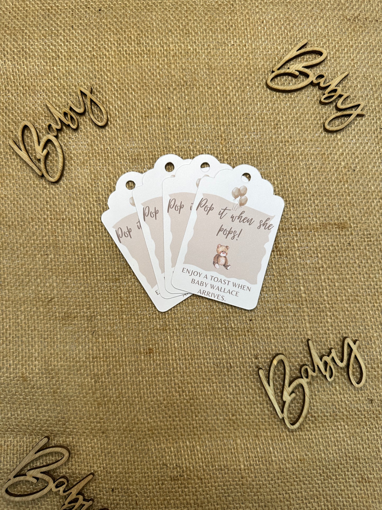 Teddy Bear 'Pop It When She Pops' Personalised Bottle & Gift Tags- Pack of 10