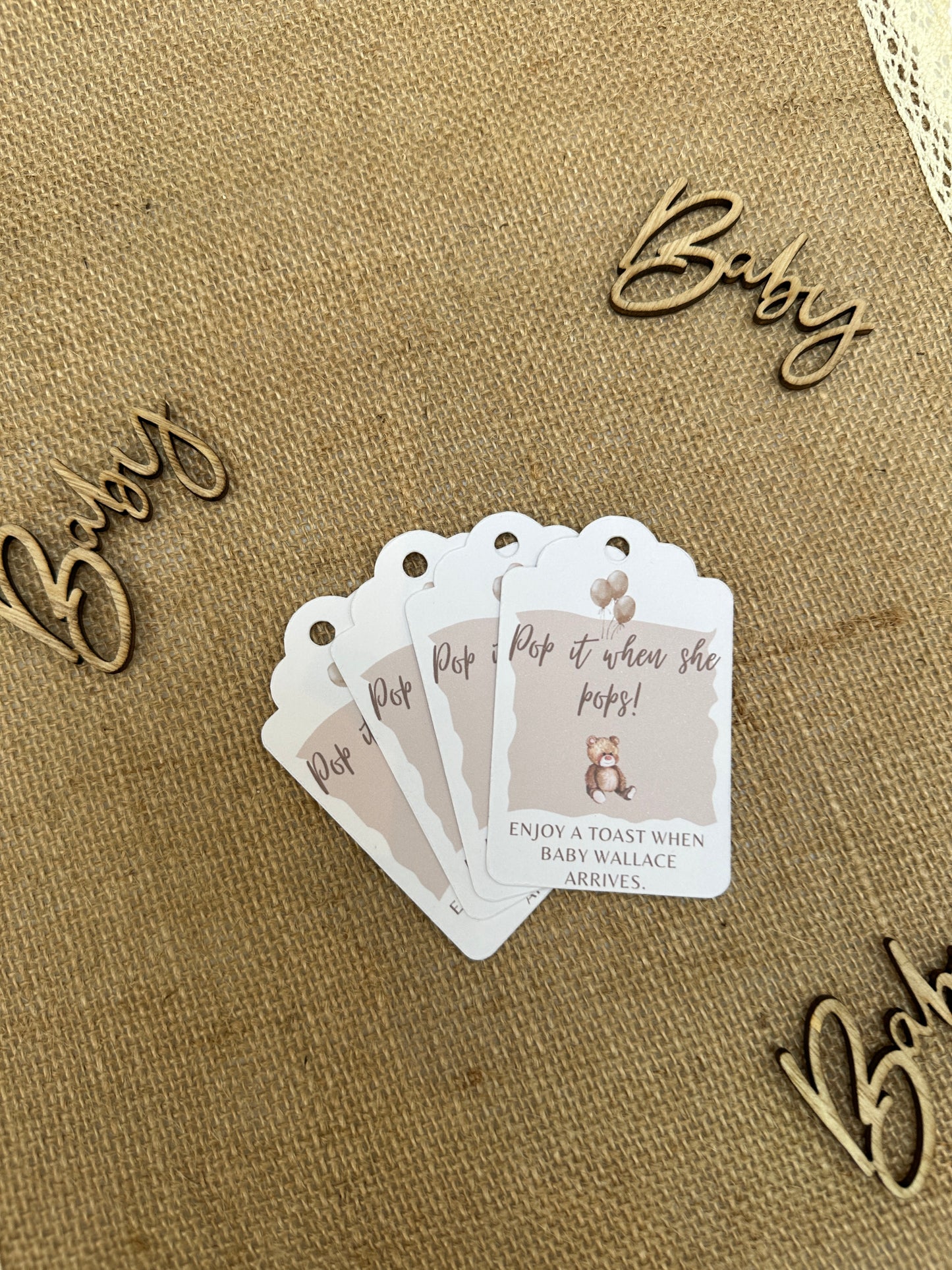 Teddy Bear 'Pop It When She Pops' Personalised Bottle & Gift Tags- Pack of 10