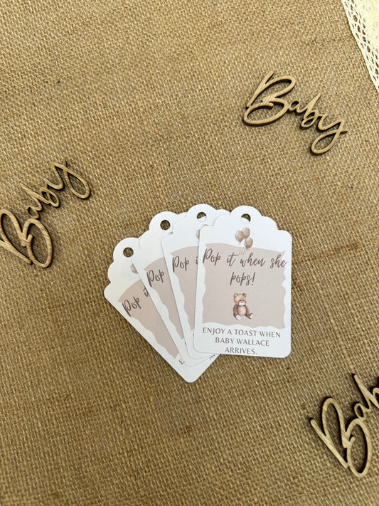 Teddy Bear 'Pop It When She Pops' Personalised Bottle & Gift Tags- Pack of 10