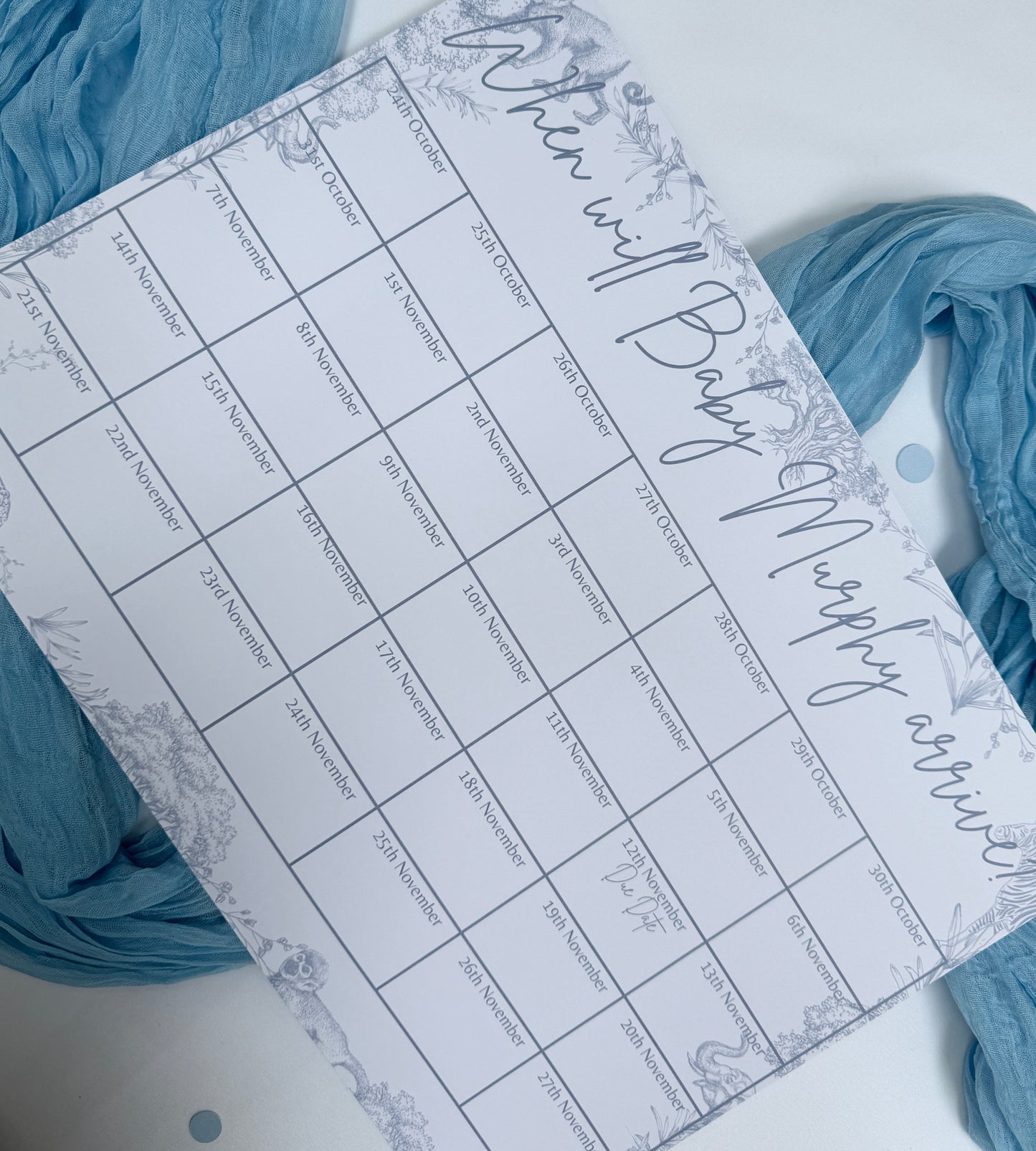 Blue Safari A3 Due Date Calendar