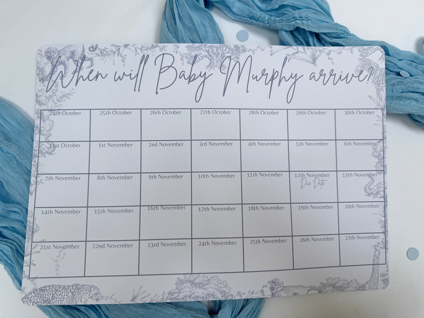 Blue Safari A3 Due Date Calendar
