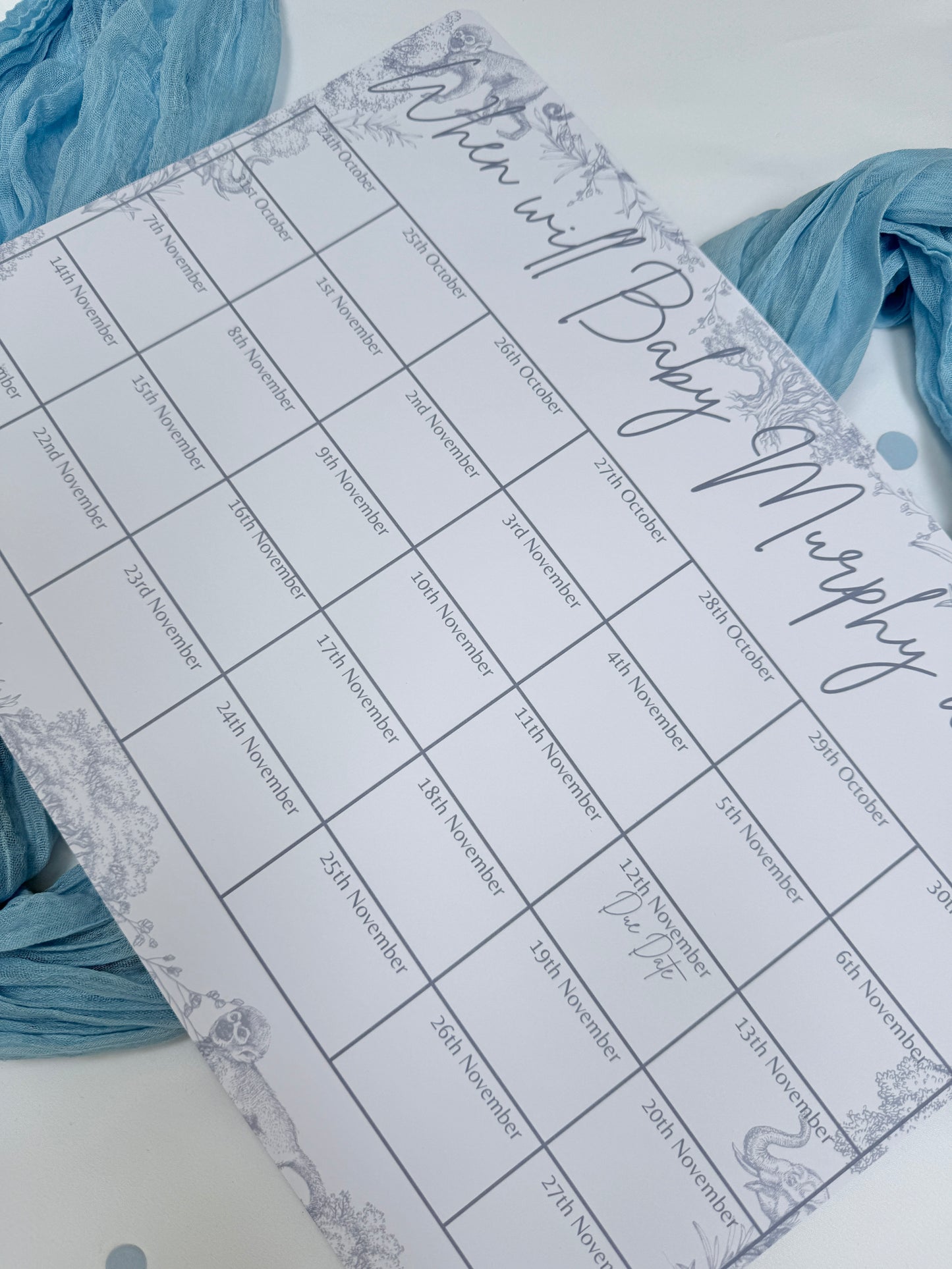 Blue Safari A3 Due Date Calendar