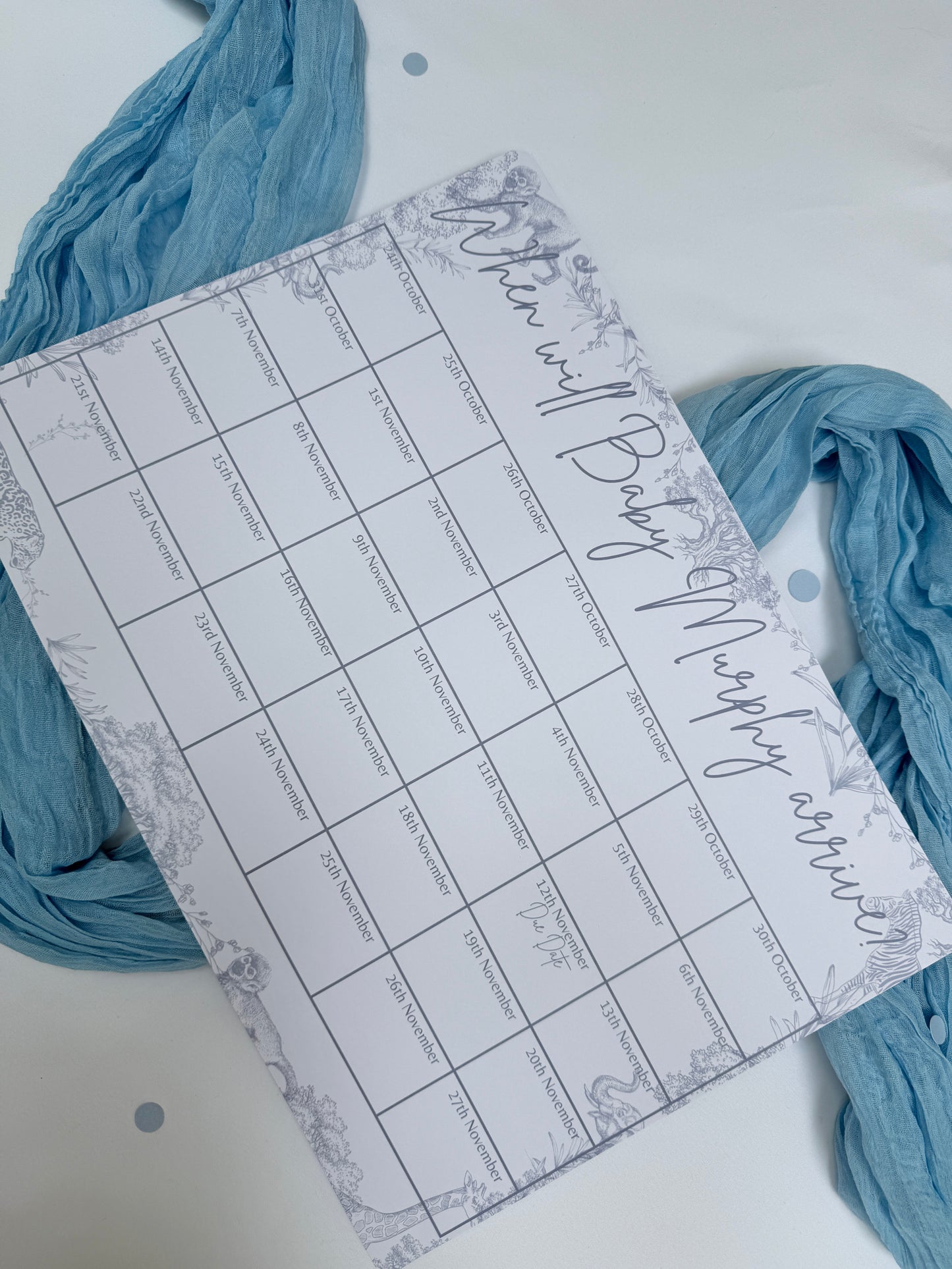 Blue Safari A3 Due Date Calendar