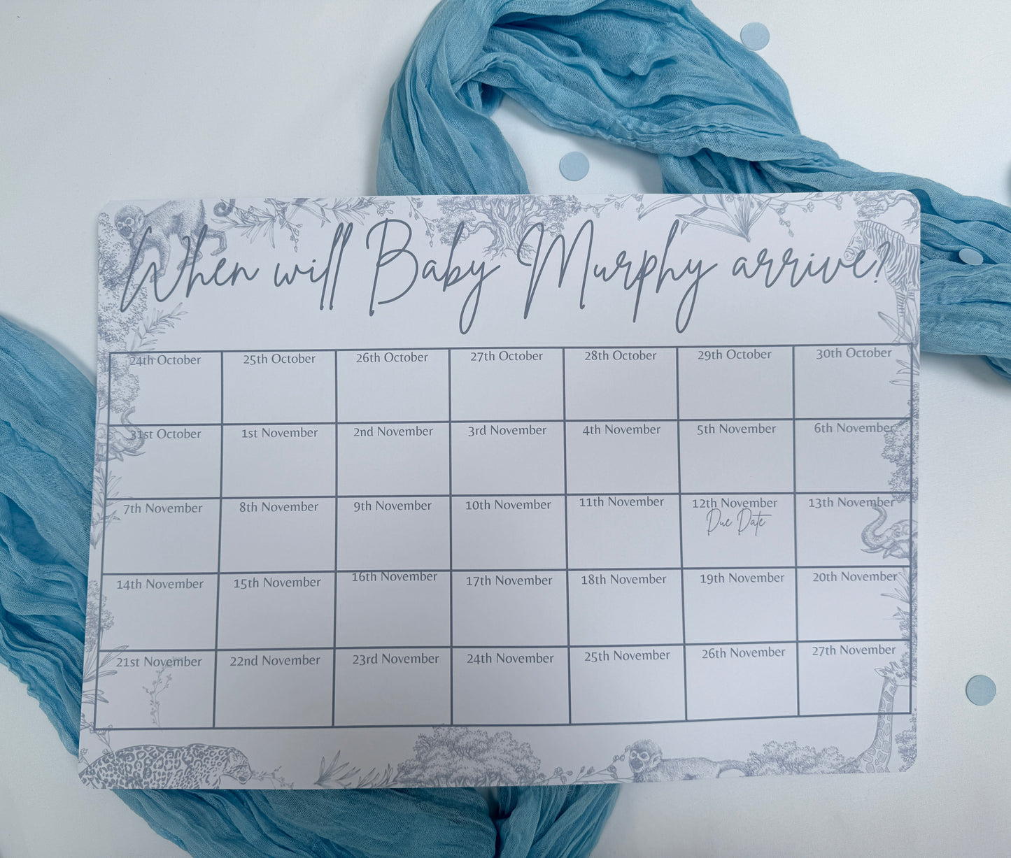 Blue Safari A3 Due Date Calendar