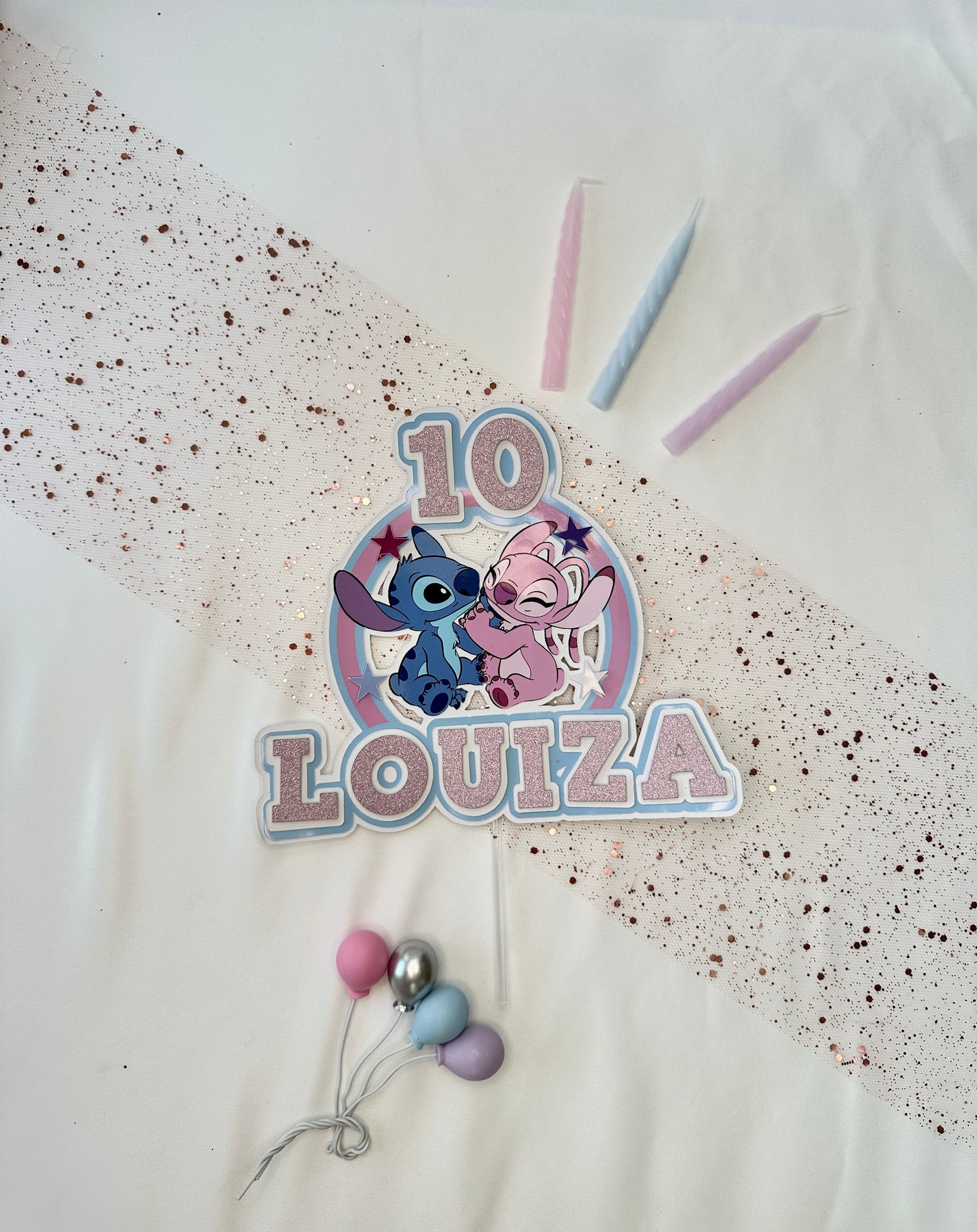 Stitch and Angel Cake Topper, Personalised with Name and Age
