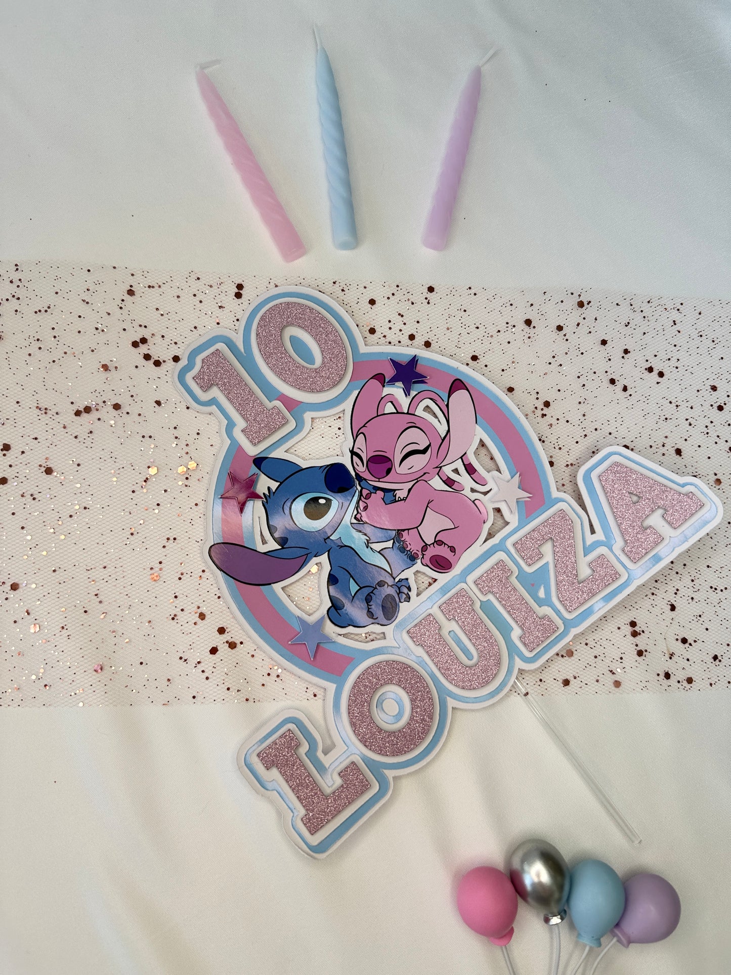 Stitch and Angel Cake Topper, Personalised with Name and Age