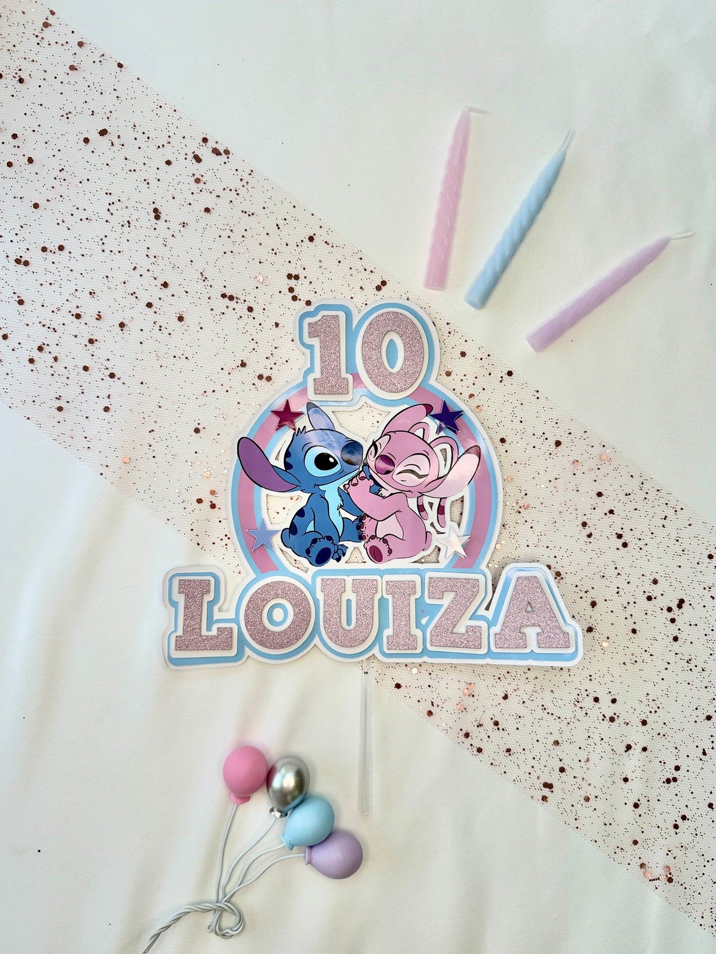 Stitch and Angel Cake Topper, Personalised with Name and Age