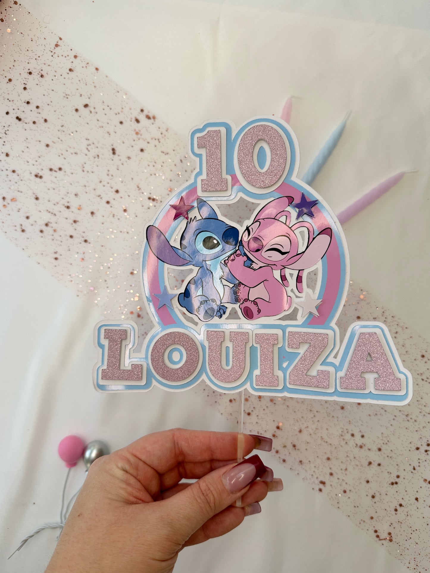 Stitch and Angel Cake Topper, Personalised with Name and Age