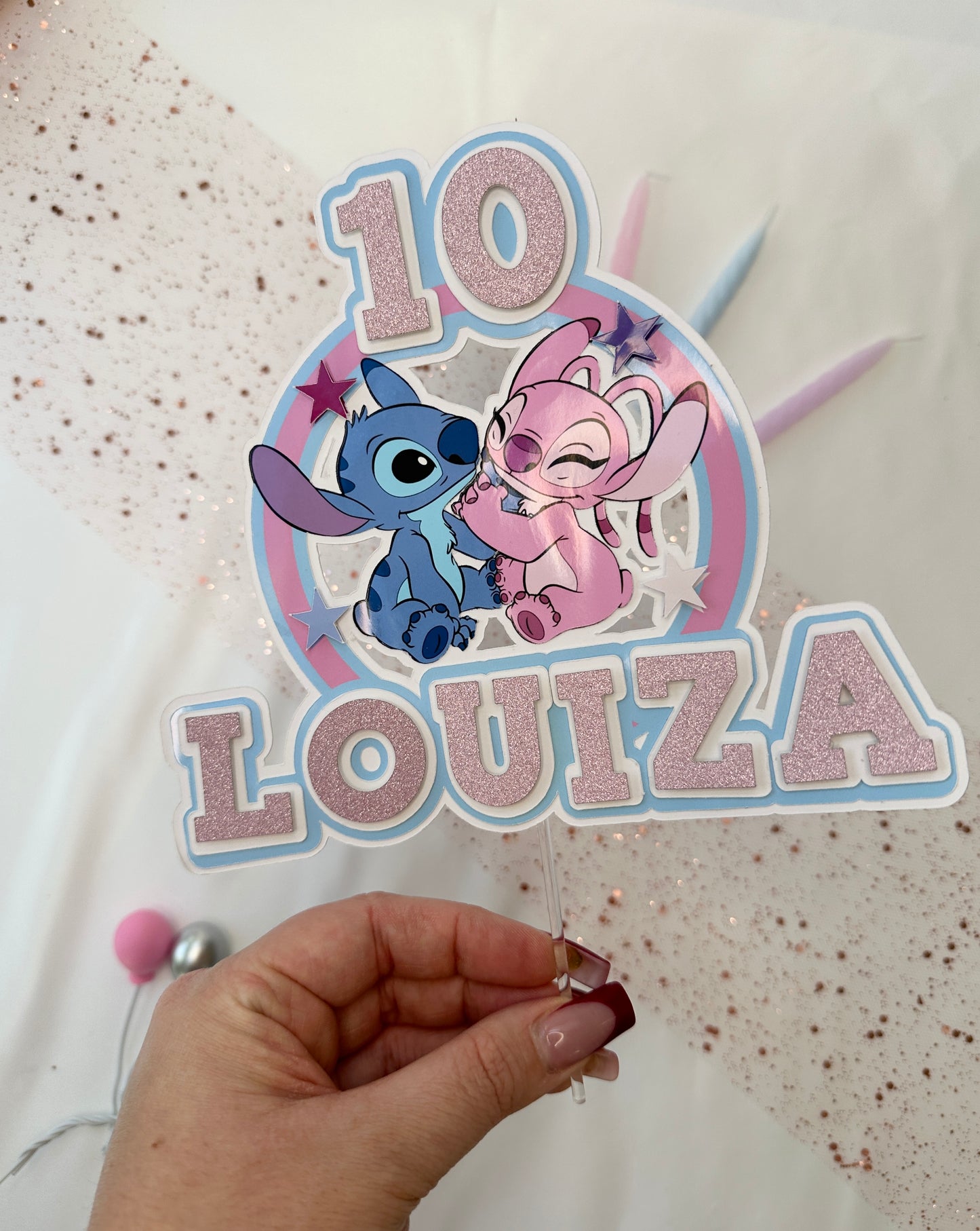 Stitch and Angel Cake Topper, Personalised with Name and Age