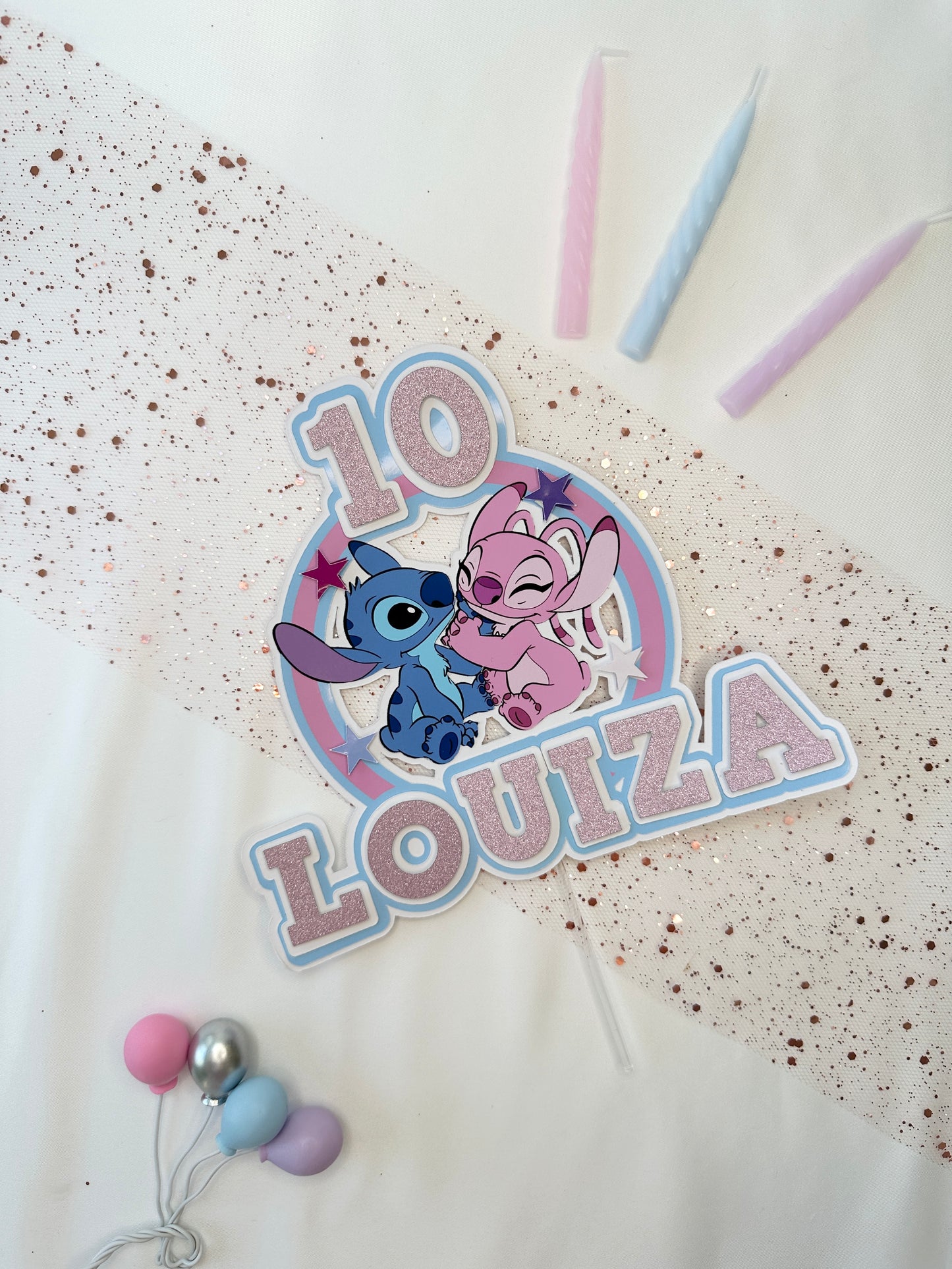 Stitch and Angel Cake Topper, Personalised with Name and Age