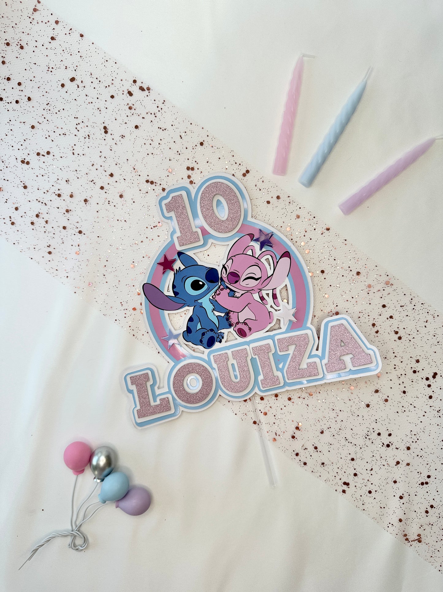 Stitch and Angel Cake Topper, Personalised with Name and Age