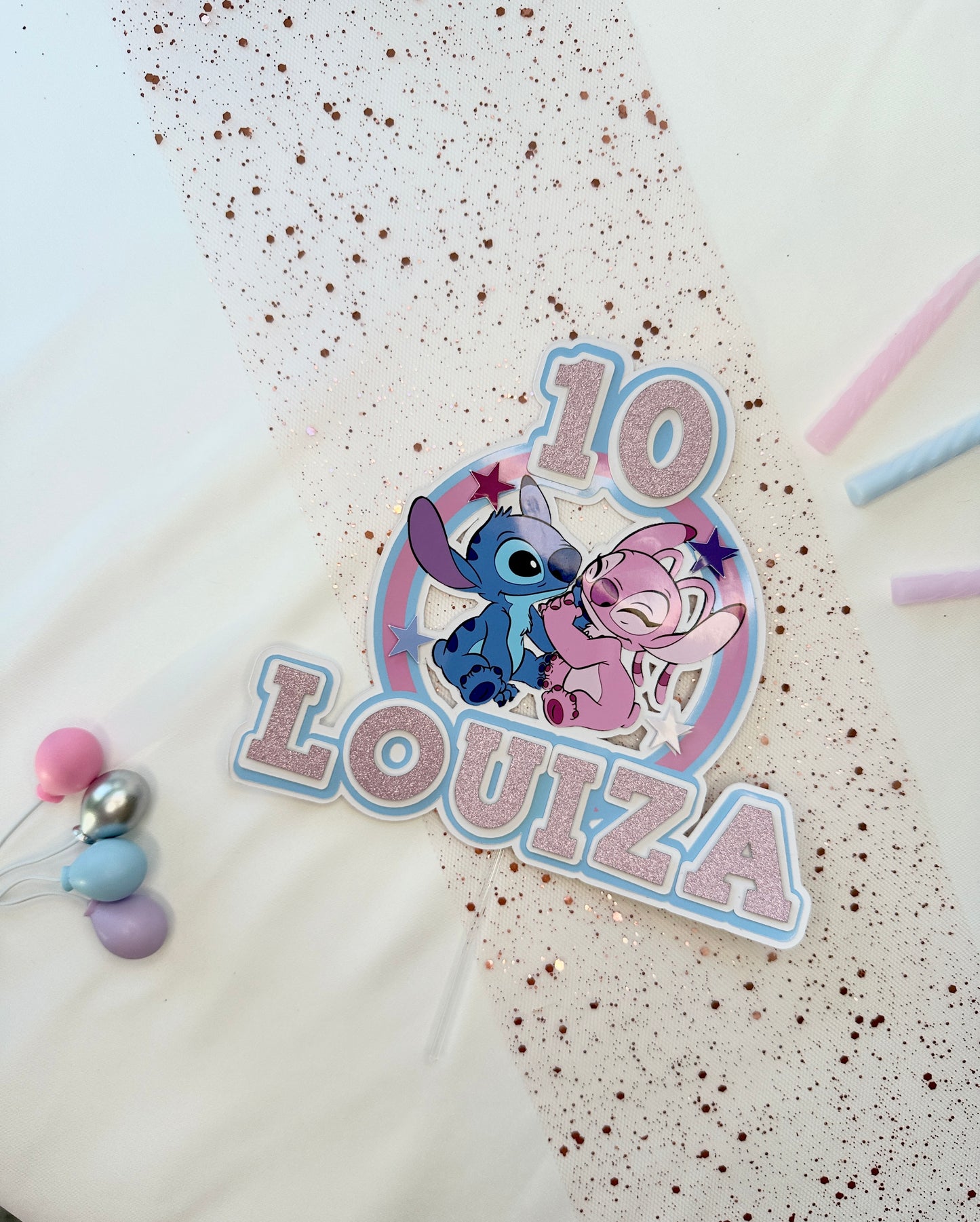 Stitch and Angel Cake Topper, Personalised with Name and Age