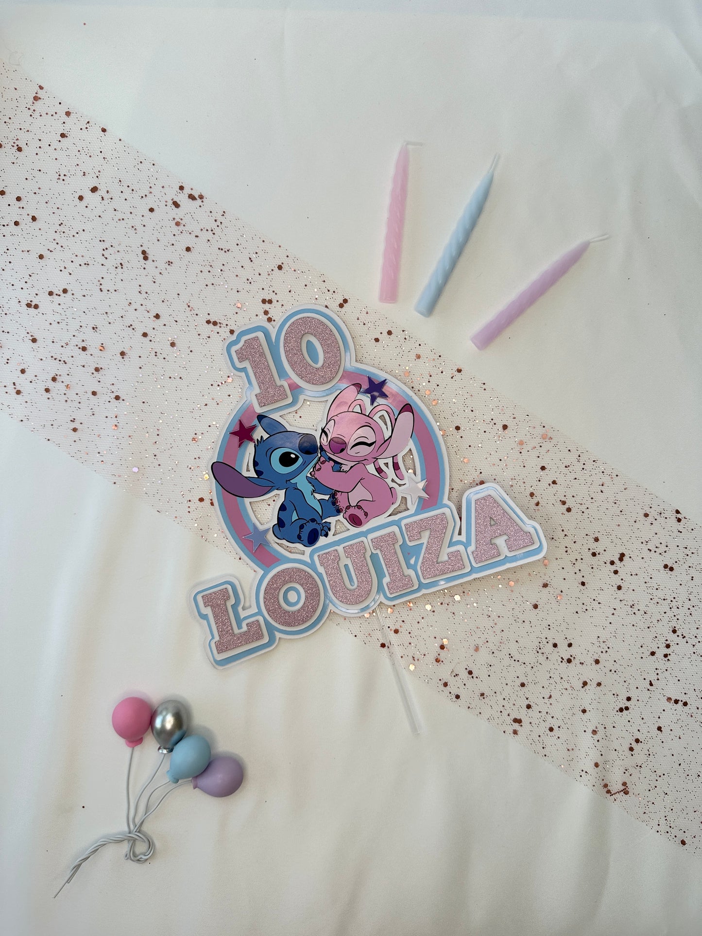 Stitch and Angel Cake Topper, Personalised with Name and Age