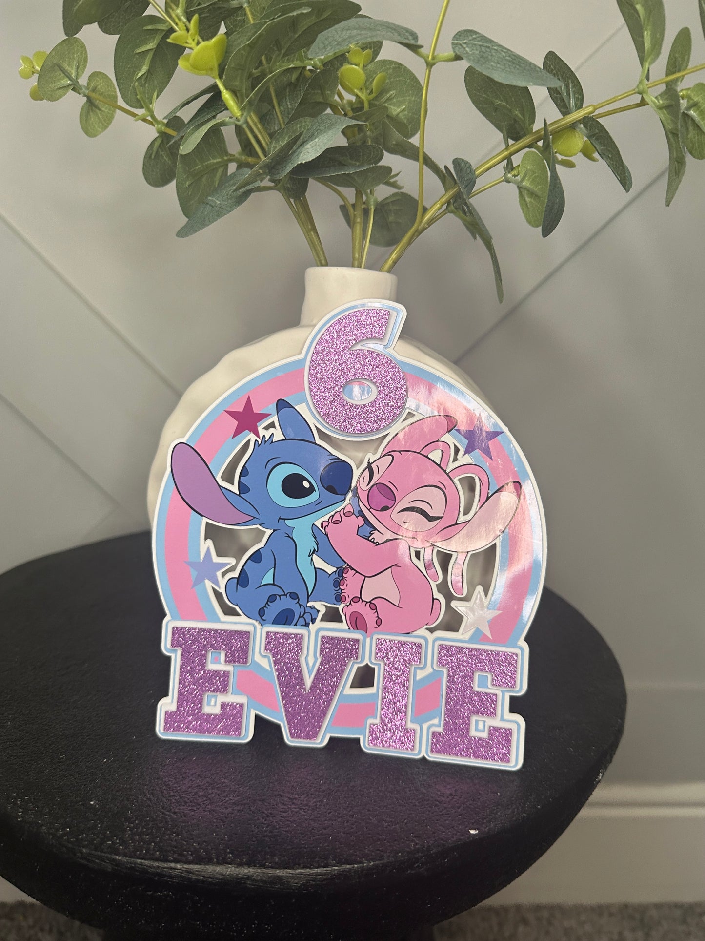 Stitch and Angel Cake Topper, Personalised with Name and Age