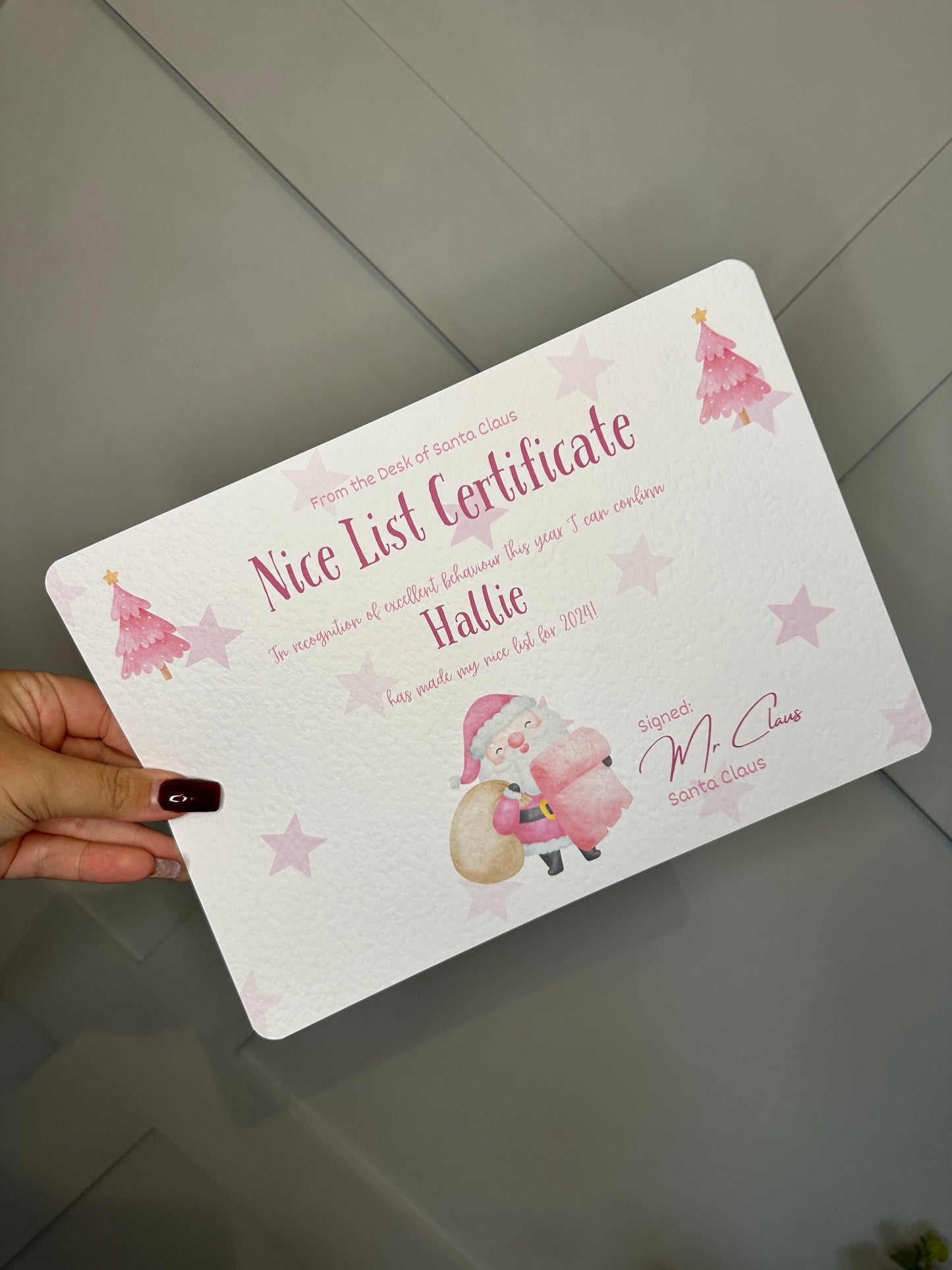 Pink A4 Personalised Nice List Certificate