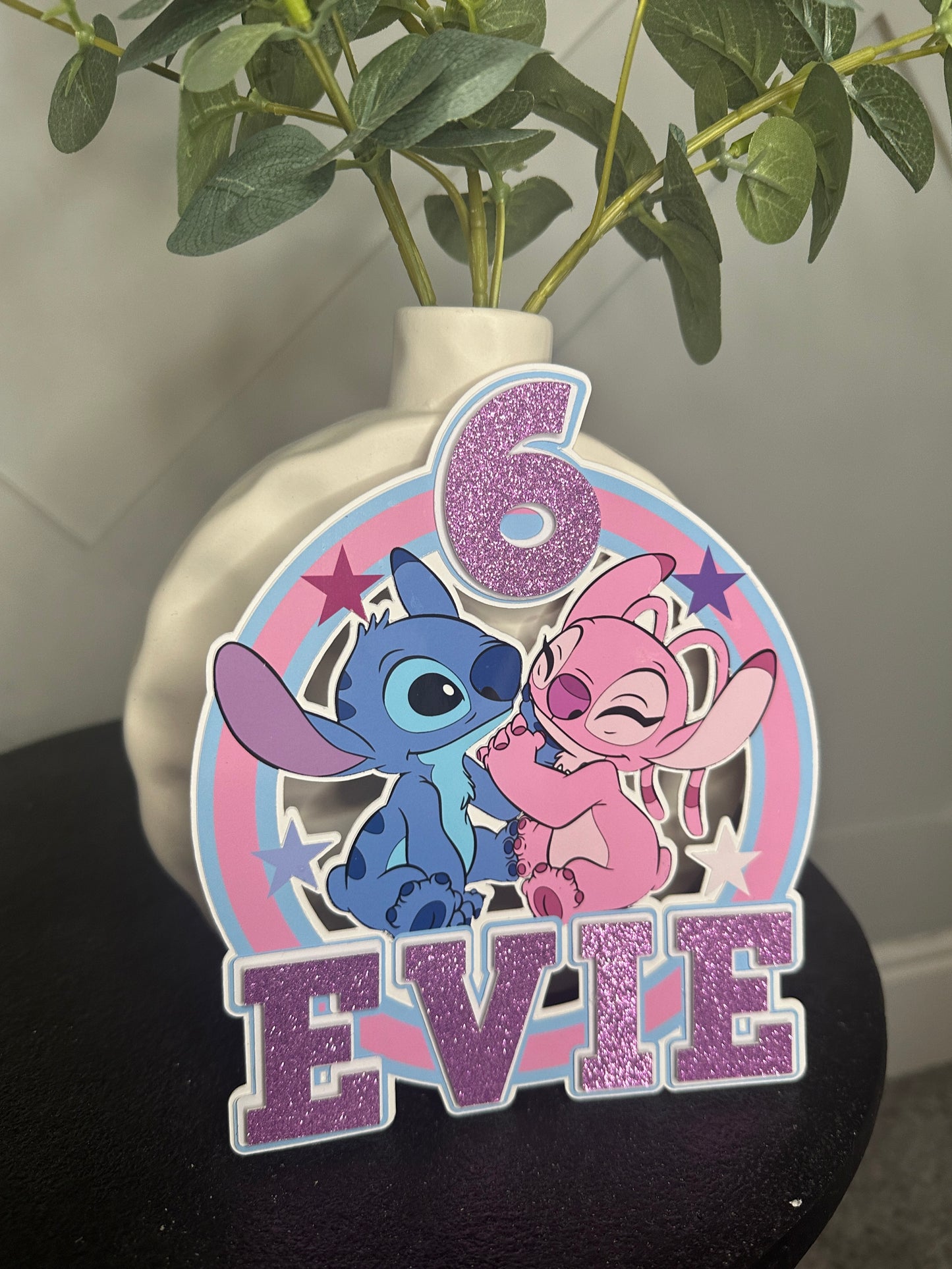 Stitch and Angel Cake Topper, Personalised with Name and Age