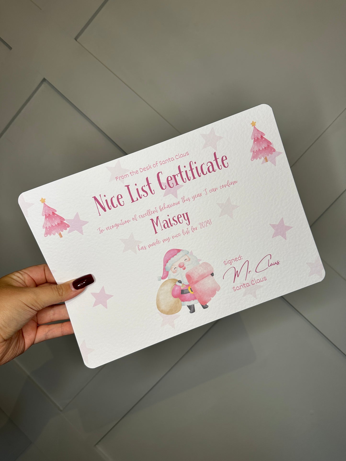 Pink A4 Personalised Nice List Certificate