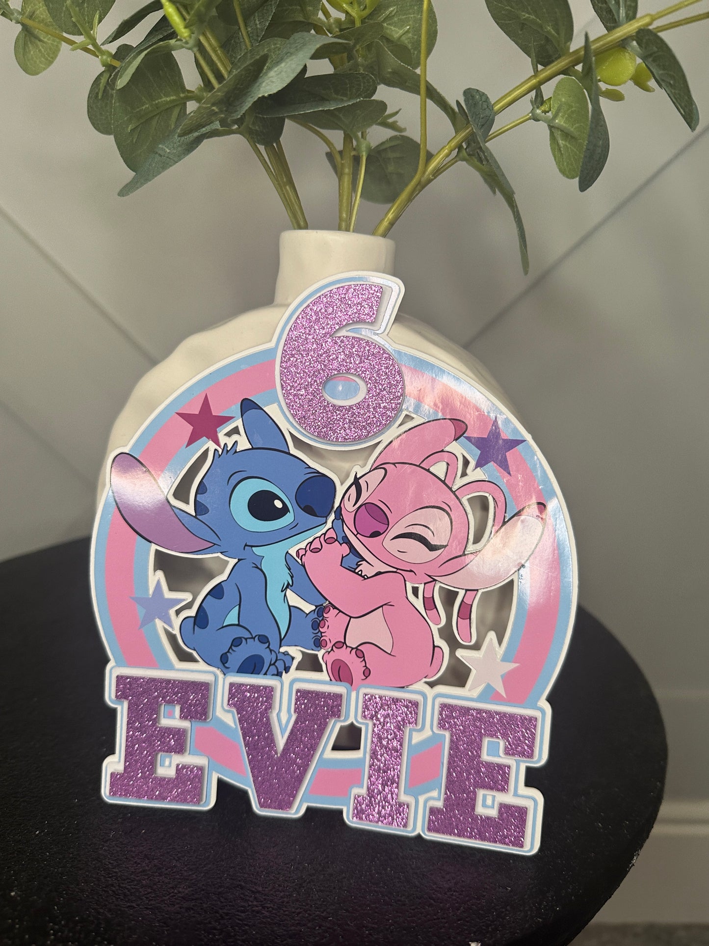 Stitch and Angel Cake Topper, Personalised with Name and Age