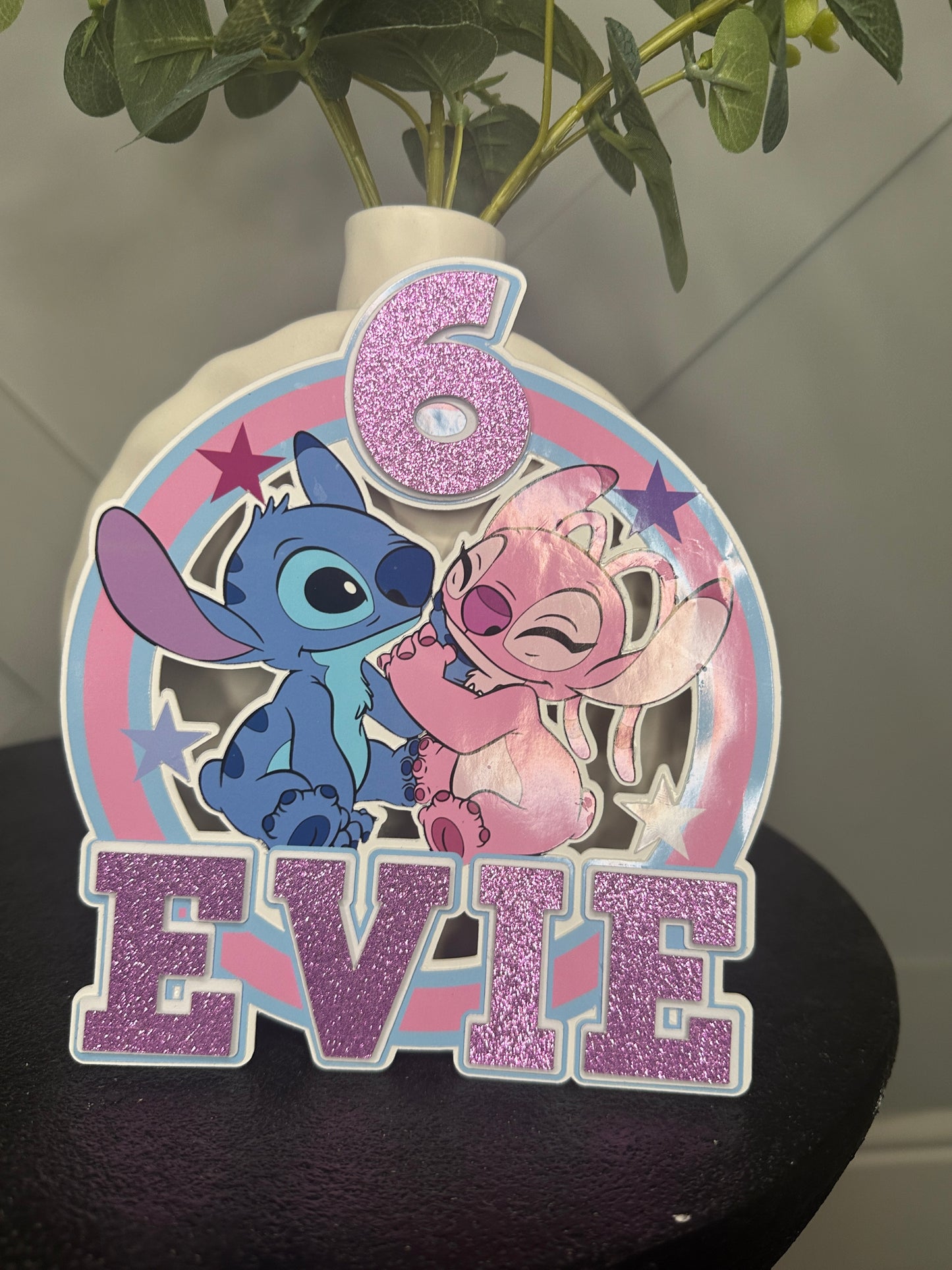 Stitch and Angel Cake Topper, Personalised with Name and Age