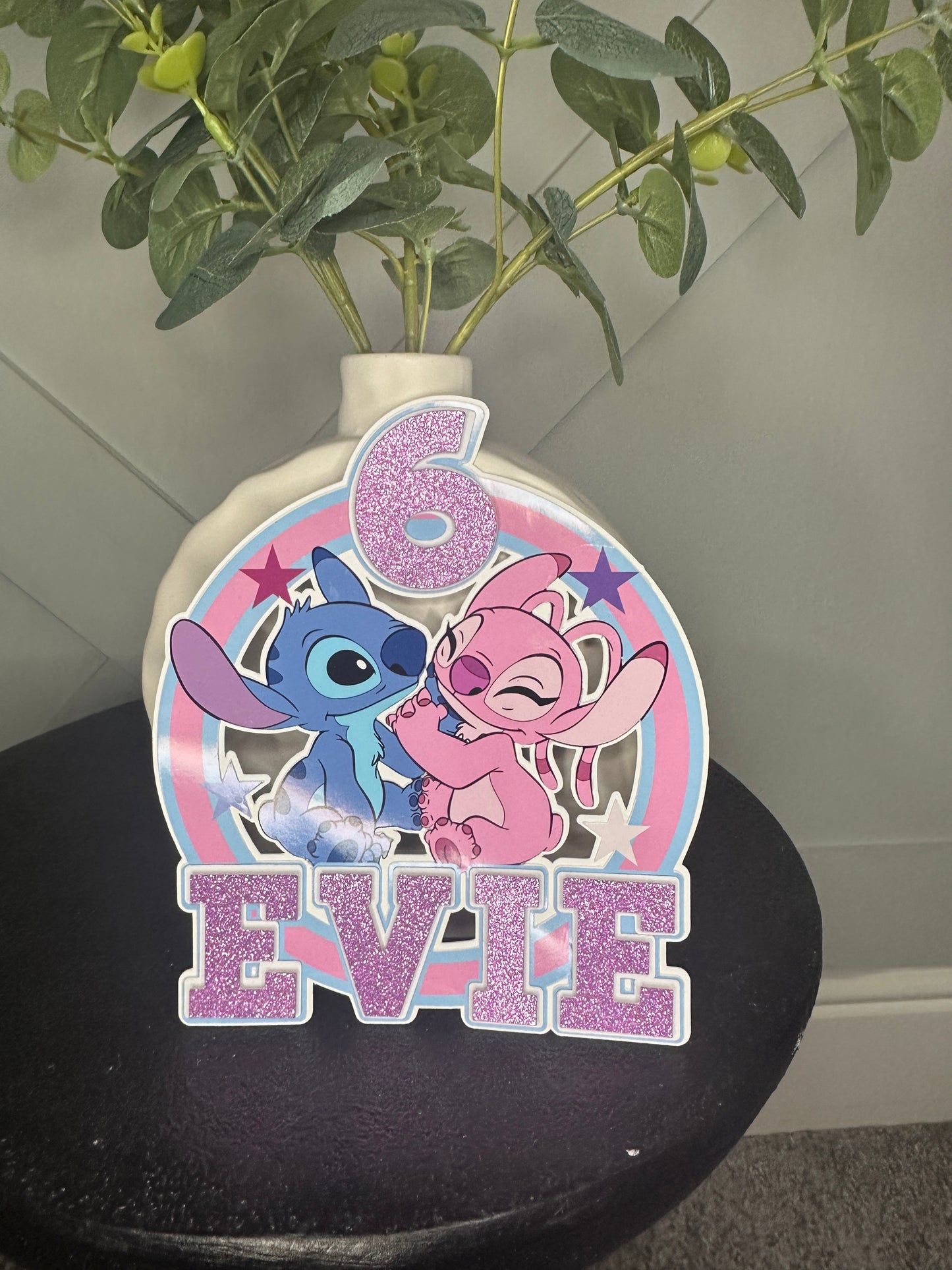 Stitch and Angel Cake Topper, Personalised with Name and Age