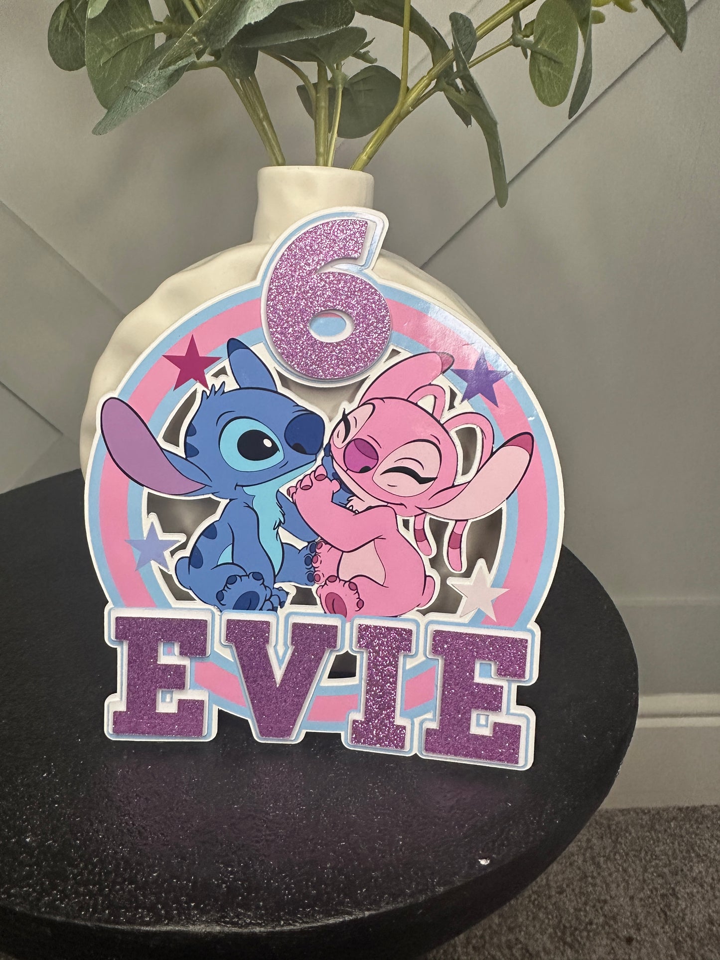 Stitch and Angel Cake Topper, Personalised with Name and Age