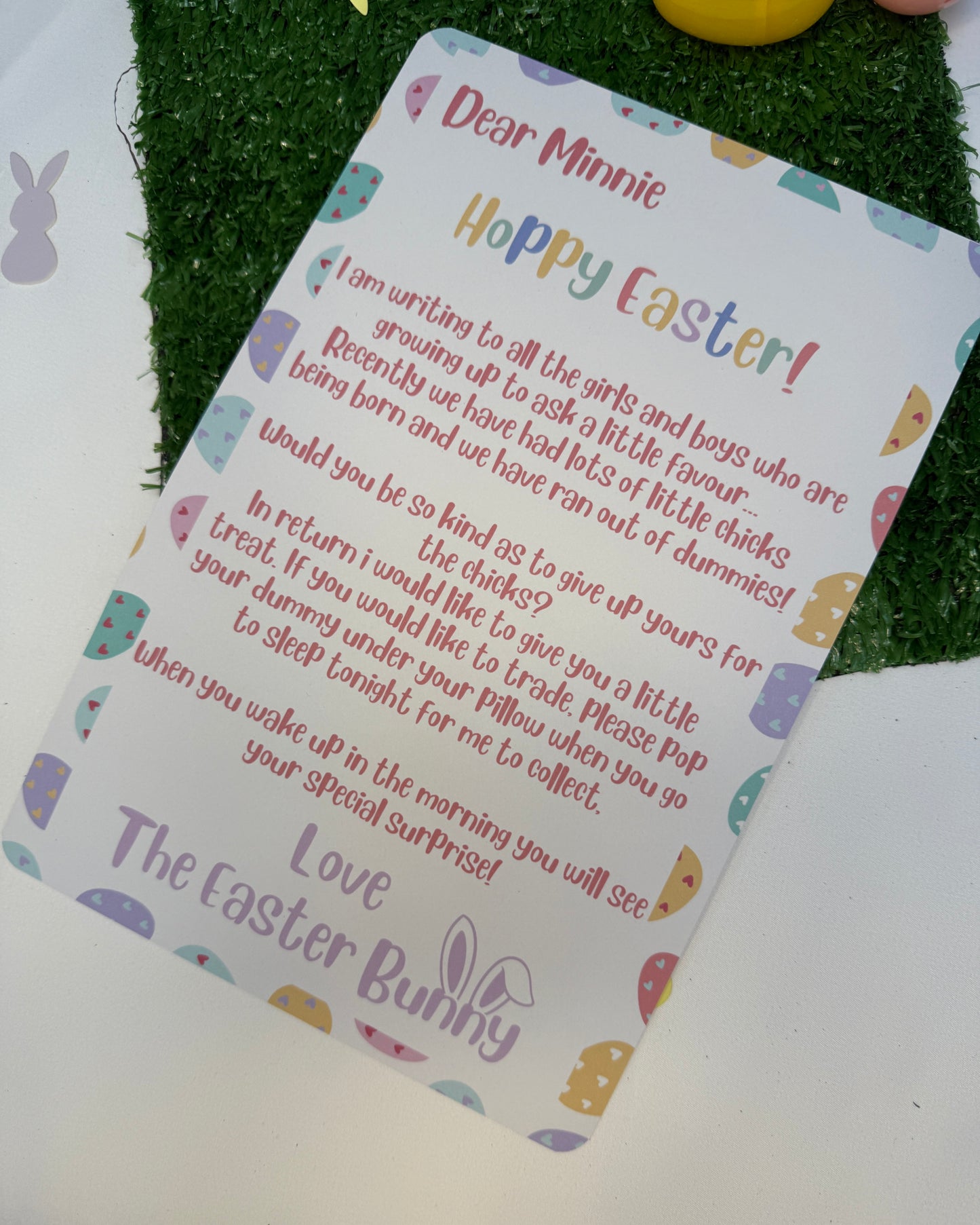 Personalised White A4 Dummy Letter, Easter Bunny Asking Child To Give Up Dummy