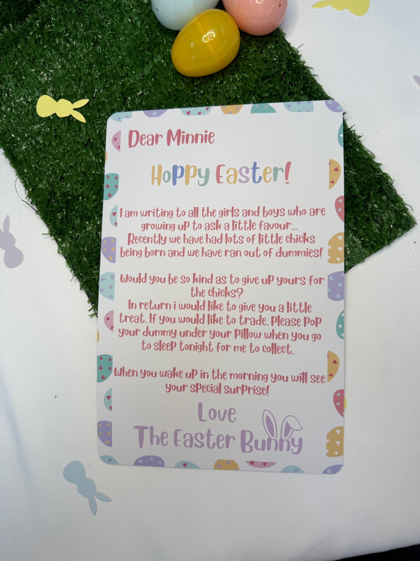 Personalised White A4 Dummy Letter, Easter Bunny Asking Child To Give Up Dummy