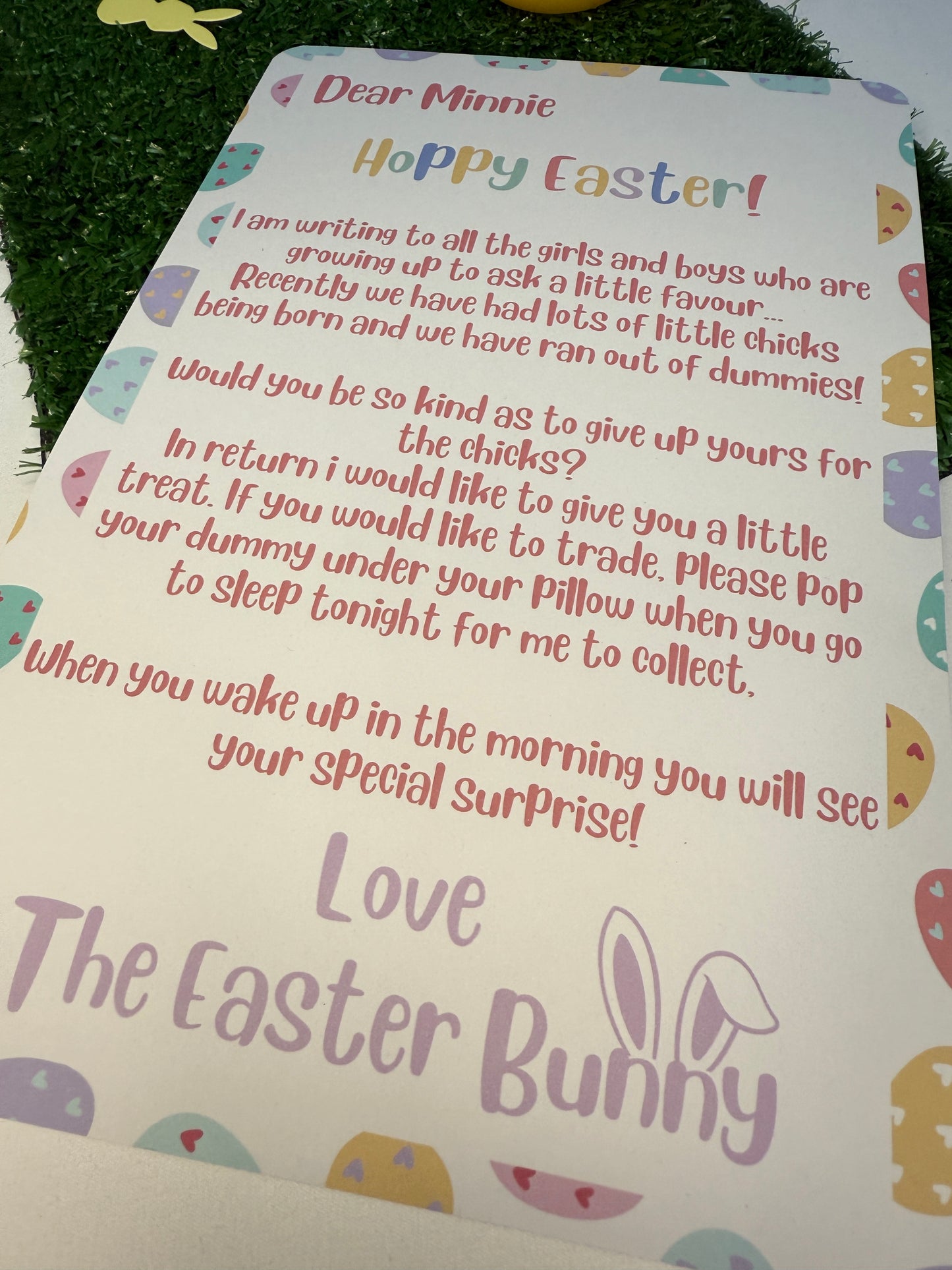 Personalised White A4 Dummy Letter, Easter Bunny Asking Child To Give Up Dummy