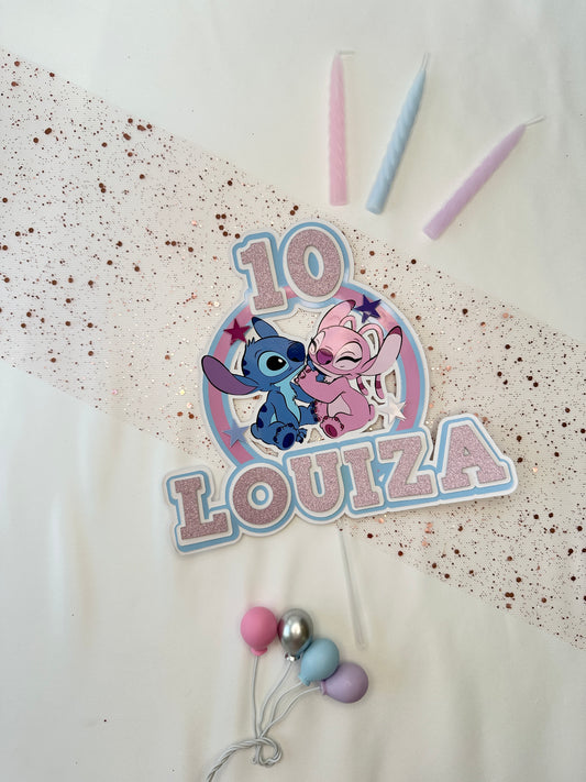 Stitch and Angel Cake Topper, Personalised with Name and Age