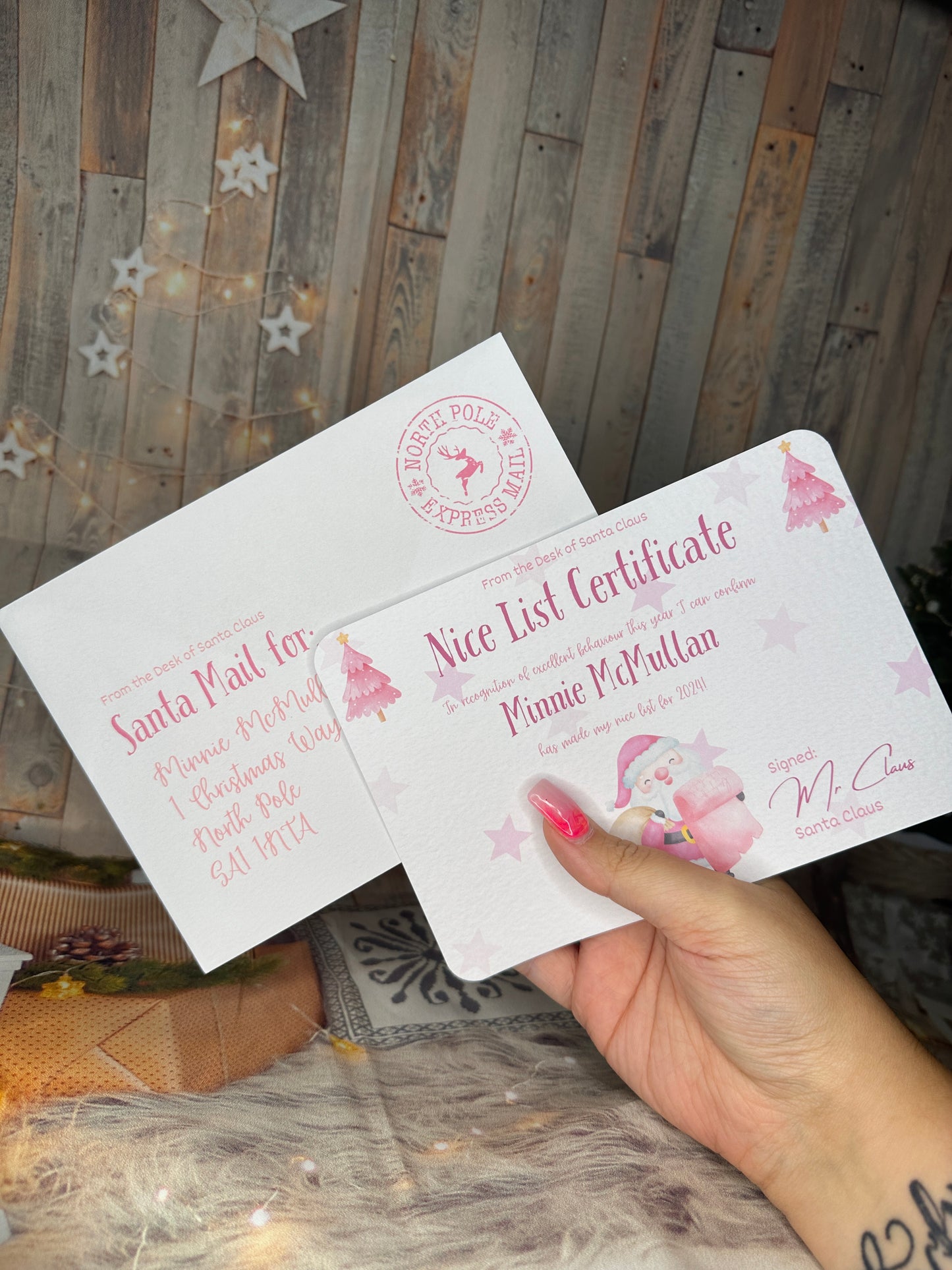 Pink Nice List Certificate and Envelope- 5x7 Size