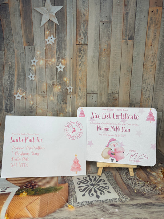 Pink Nice List Certificate and Envelope- 5x7 Size