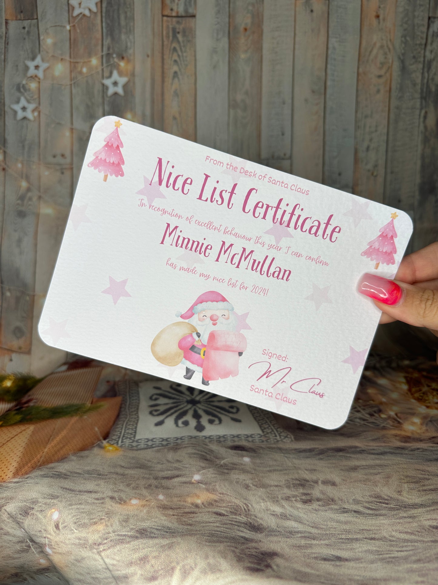 Pink Nice List Certificate and Envelope- 5x7 Size