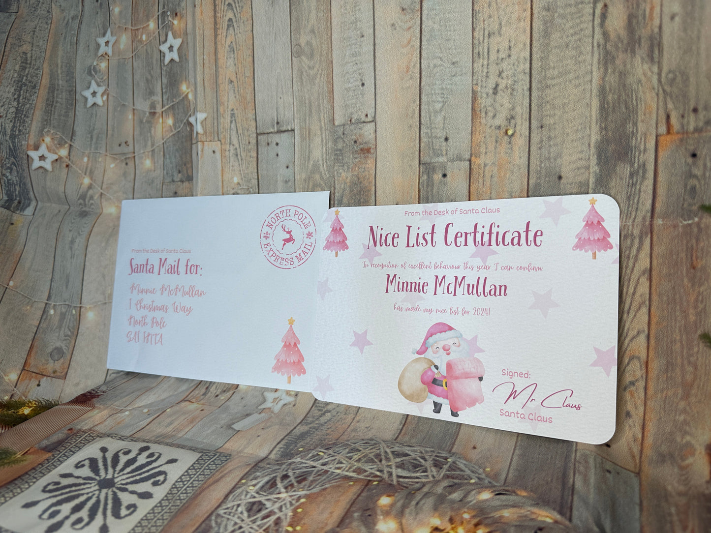 Pink Nice List Certificate and Envelope- 5x7 Size