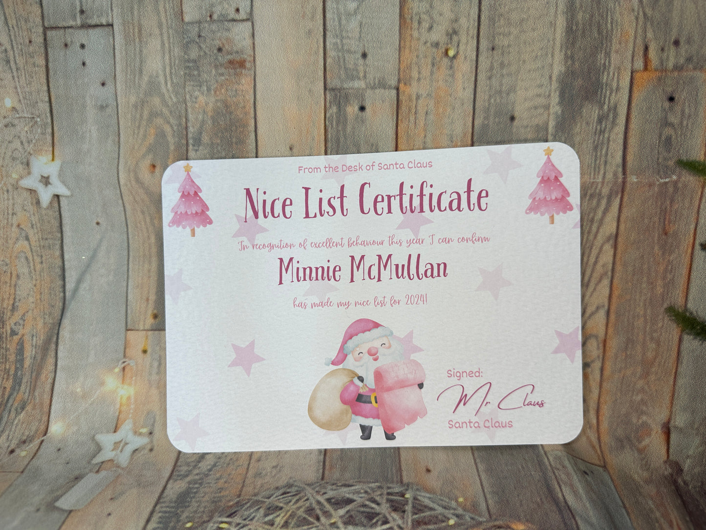 Pink Nice List Certificate and Envelope- 5x7 Size