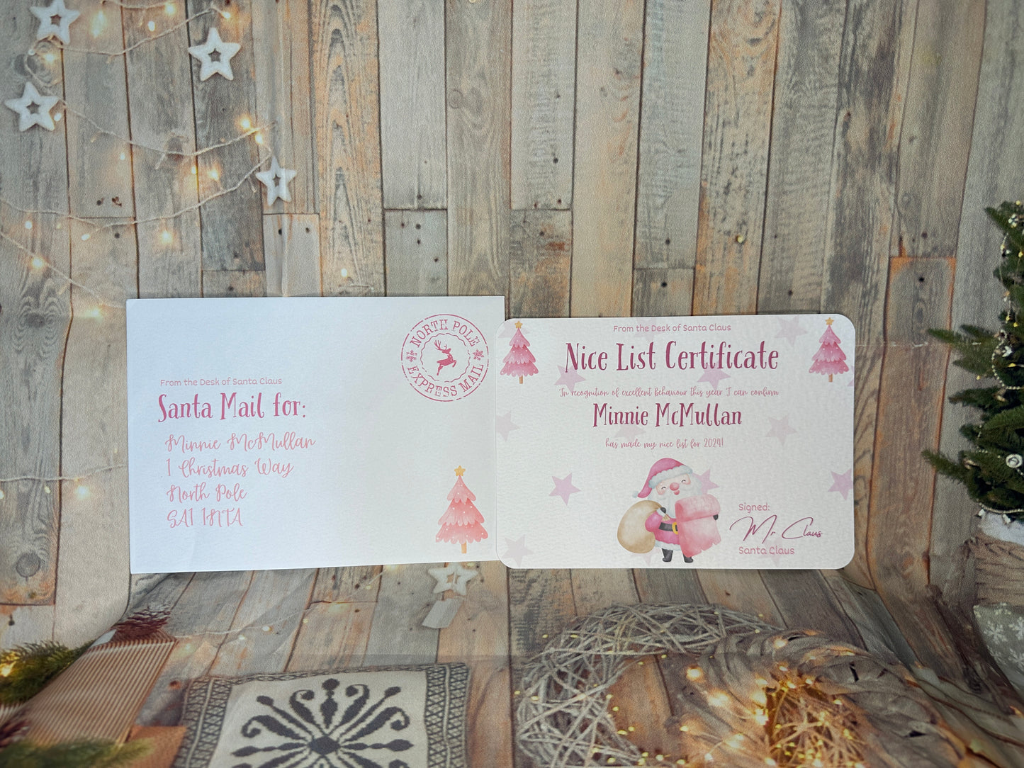 Pink Nice List Certificate and Envelope- 5x7 Size