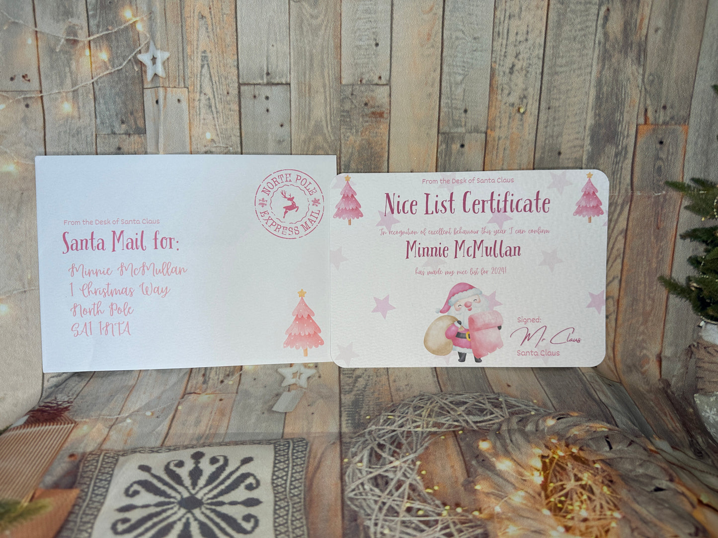 Pink Nice List Certificate and Envelope- 5x7 Size