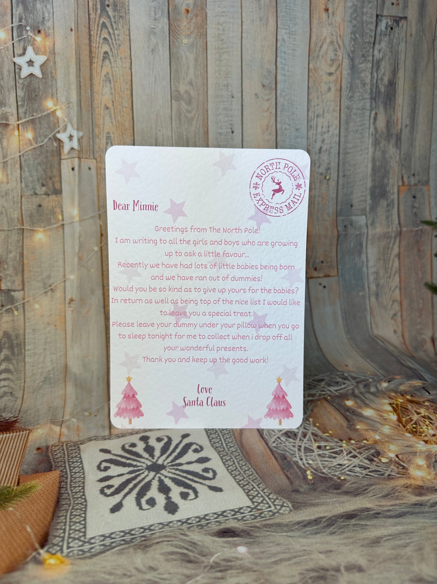 Pink Letter From Santa, Asking The Child To Give Up The Dummy, Personalised with Envelope.