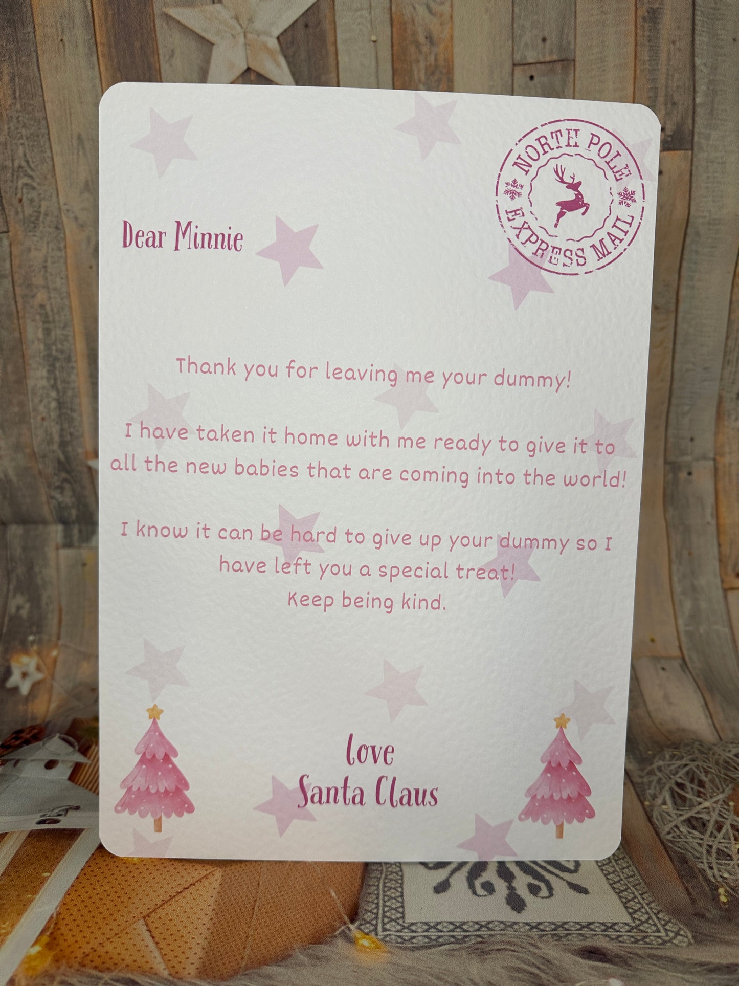 Pink Personalised Letter From Santa Thanking The Child For Giving Up The Dummy- A4, Personalised